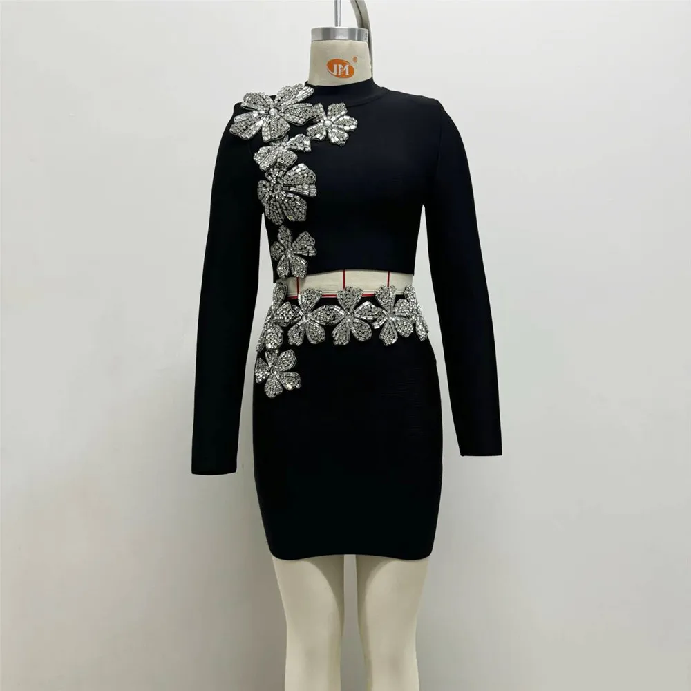 Black Red Women Long Sleeve Diamond Florals 2 Pieces Bodycon Long Bandage Dress Celebrate Evening Party Christmas Dress - Image 7