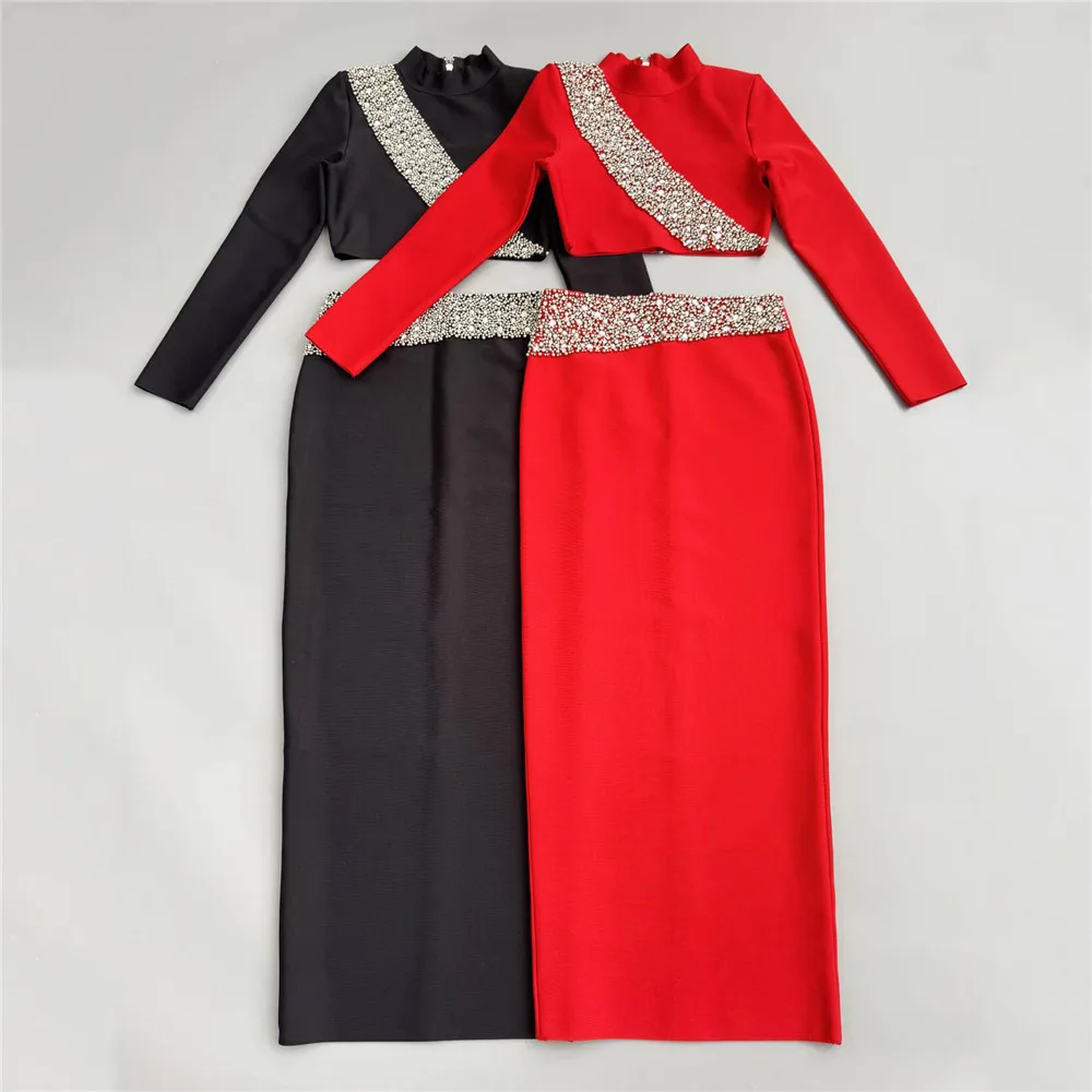 New Black Red Women Long Sleeve Shinning Diamond 2 Pieces Bodycon Bandage Long Dress Elegant Normal Evening Party Outfit - Image 3