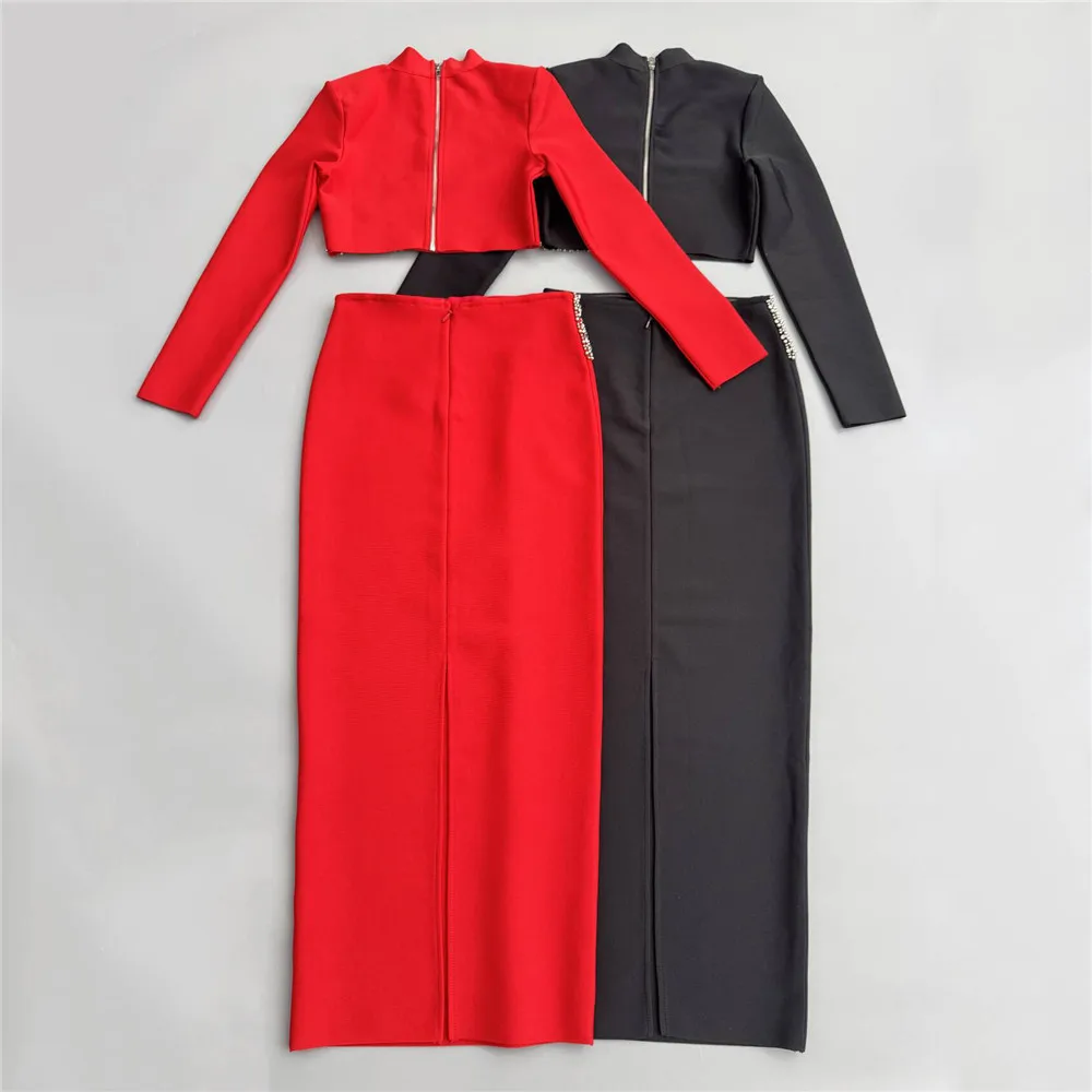 New Black Red Women Long Sleeve Shinning Diamond 2 Pieces Bodycon Bandage Long Dress Elegant Normal Evening Party Outfit - Image 4