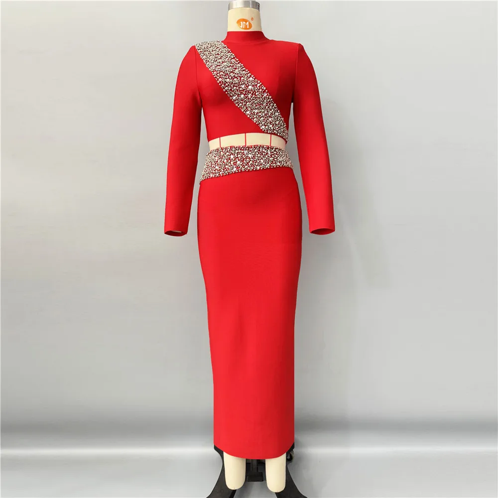 New Black Red Women Long Sleeve Shinning Diamond 2 Pieces Bodycon Bandage Long Dress Elegant Normal Evening Party Outfit - Image 6