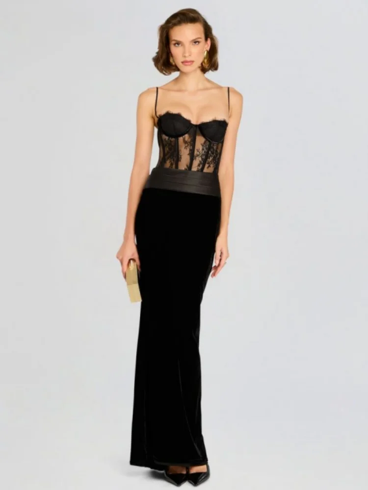 Black Women Sexy Strap Lace Fashion Bodycon Long Maxi Dress Celebrate Birthday Vacation Cocktail Outfit Vestido