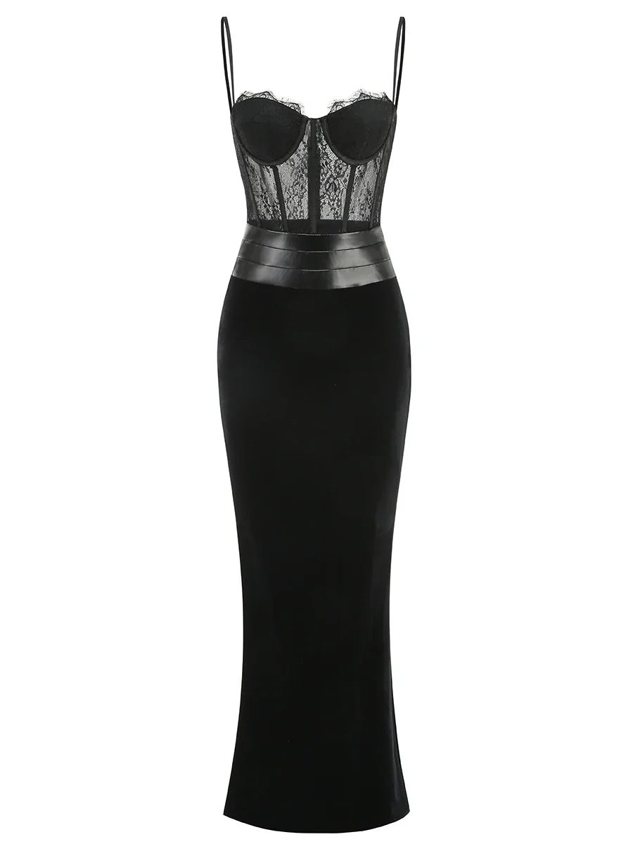 Black Women Sexy Strap Lace Fashion Bodycon Long Maxi Dress Celebrate Birthday Vacation Cocktail Outfit Vestido - Image 4