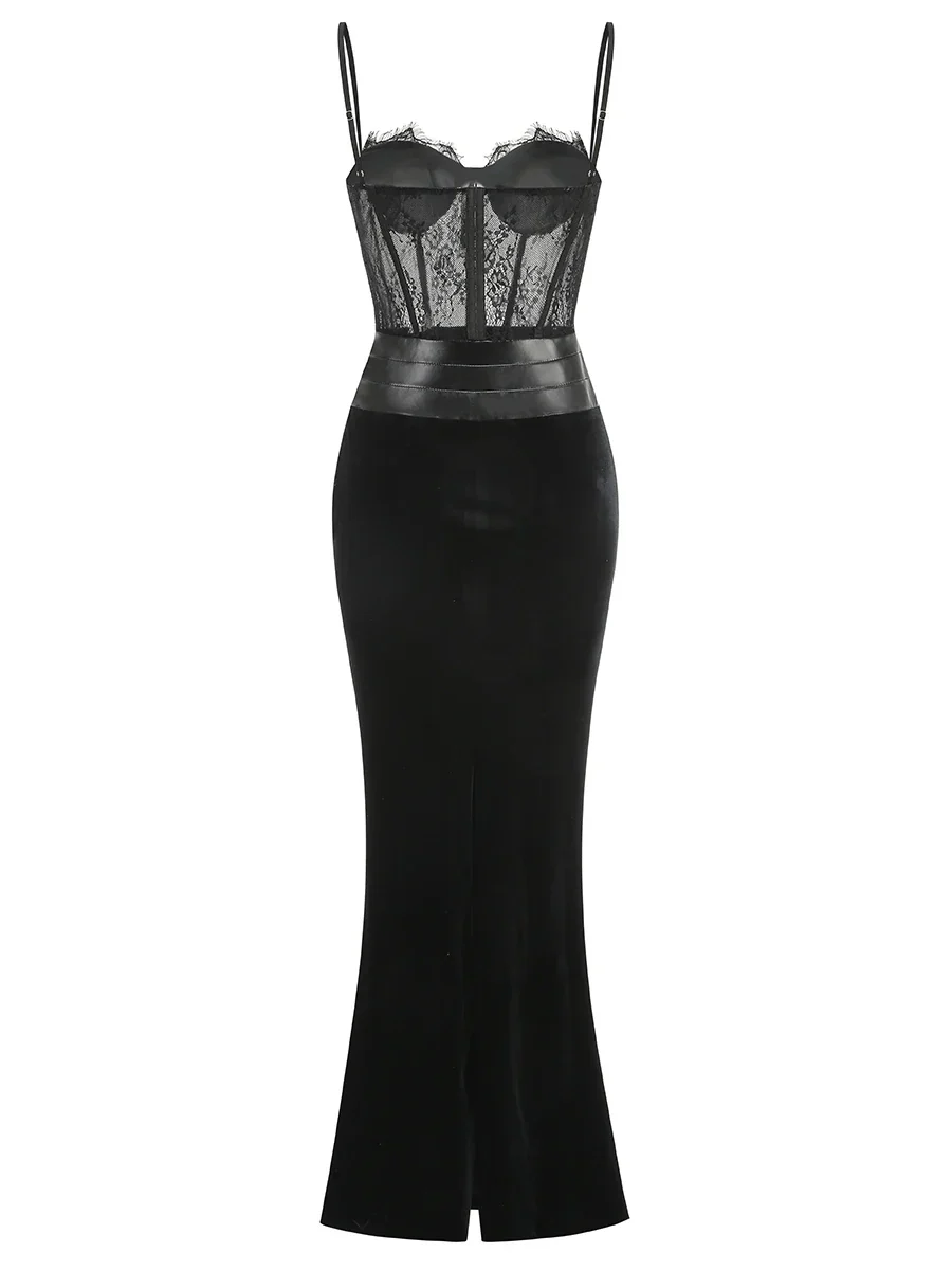 Black Women Sexy Strap Lace Fashion Bodycon Long Maxi Dress Celebrate Birthday Vacation Cocktail Outfit Vestido - Image 5