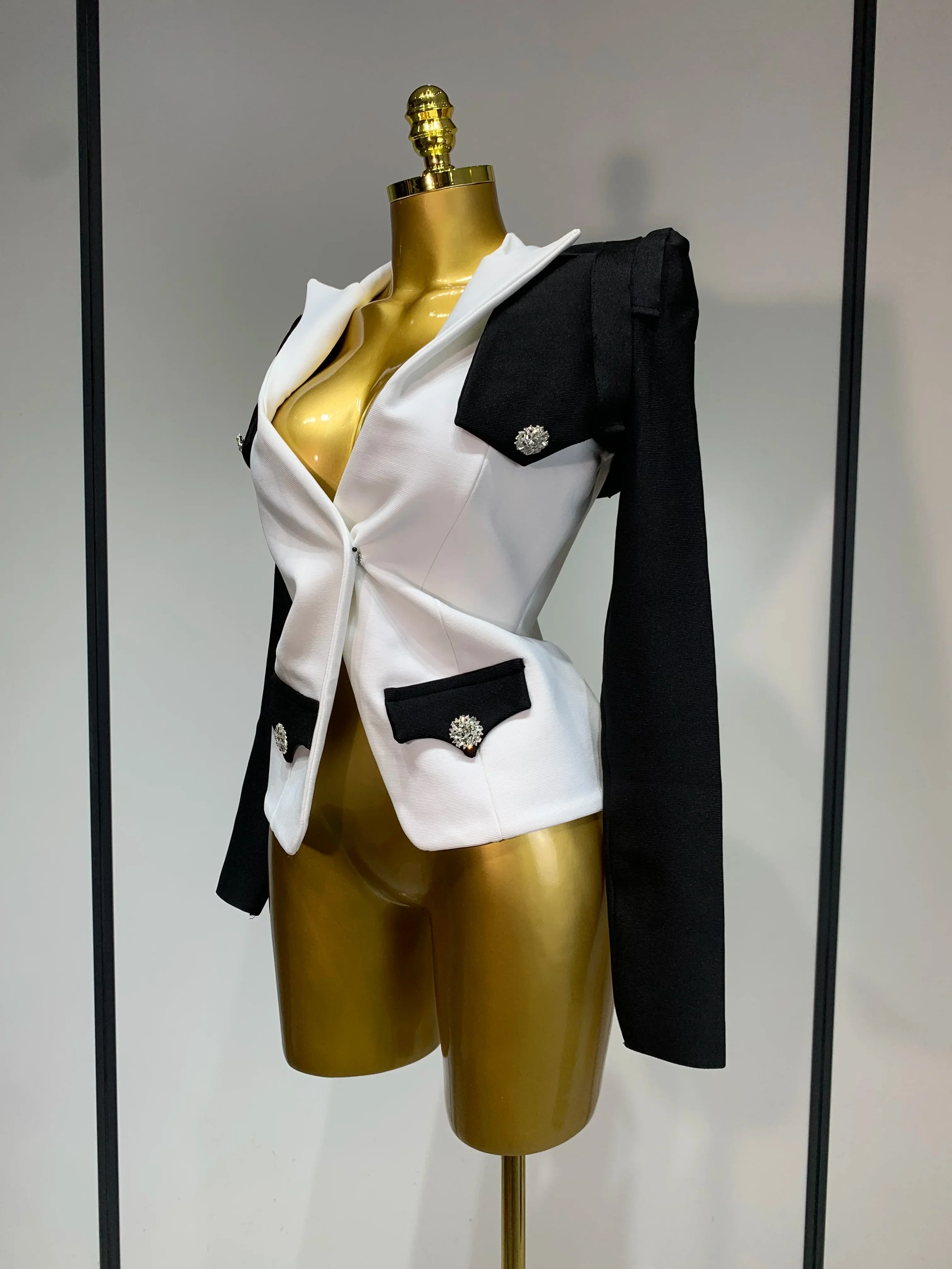 Fashion Black White Bandage Jacket Two Piece Set Women Slim Fit Diamond Button Suit Jackets Coat - Image 2