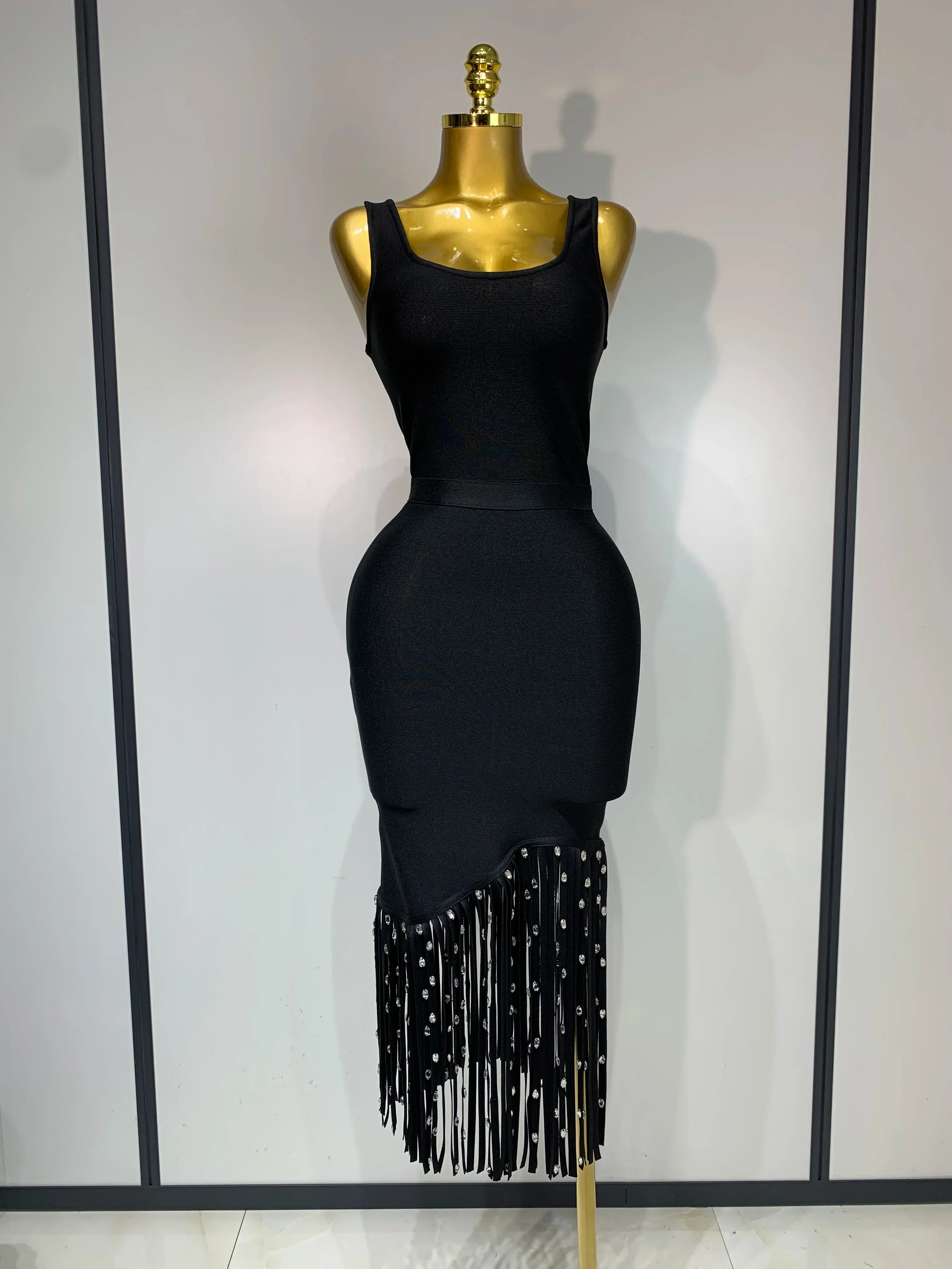 New Fashion Crystal Tassel Temperament Suspender Bodycon Bandage Dress Sexy Midi Evening Party Birthday Dresses Vestidos