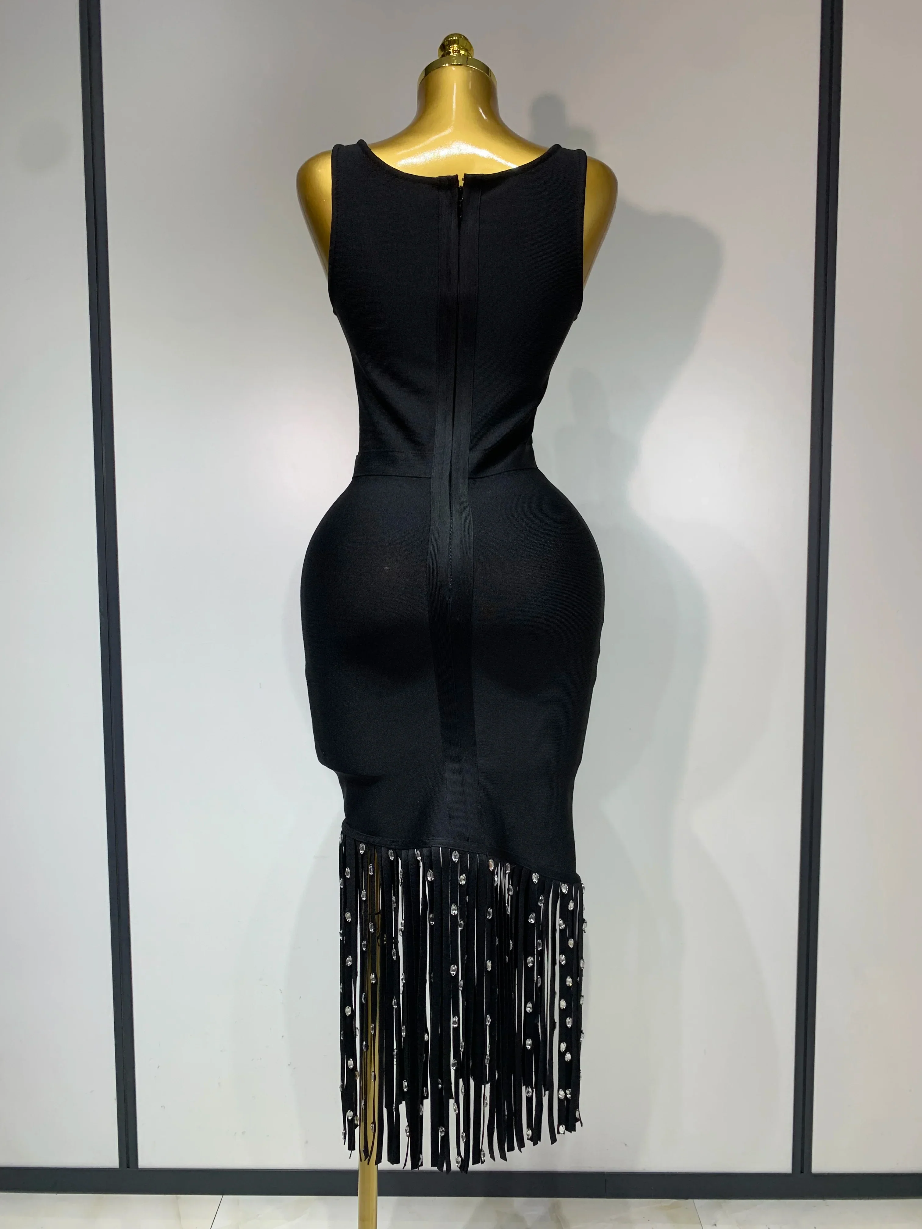 New Fashion Crystal Tassel Temperament Suspender Bodycon Bandage Dress Sexy Midi Evening Party Birthday Dresses Vestidos - Image 4