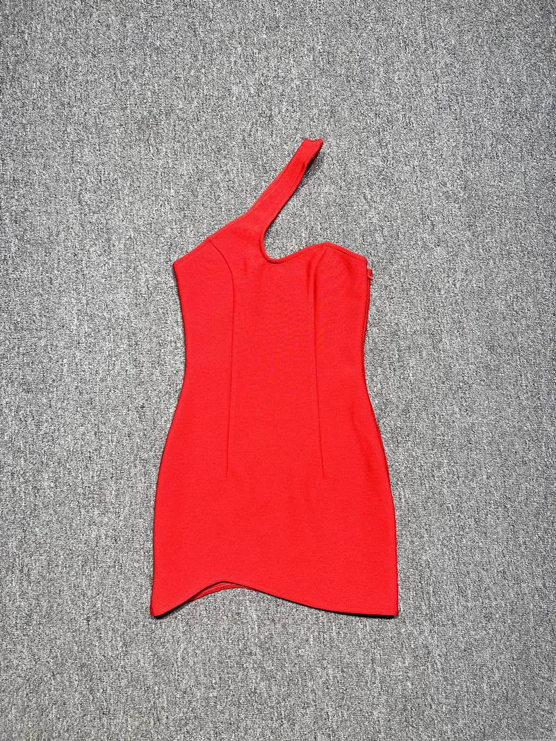 Red Color Women Sexy One Shoulder Bodycon Bandage Mini Dress Celebrate Nightclub Party Evening Fashion Dress Wholesale - Image 5