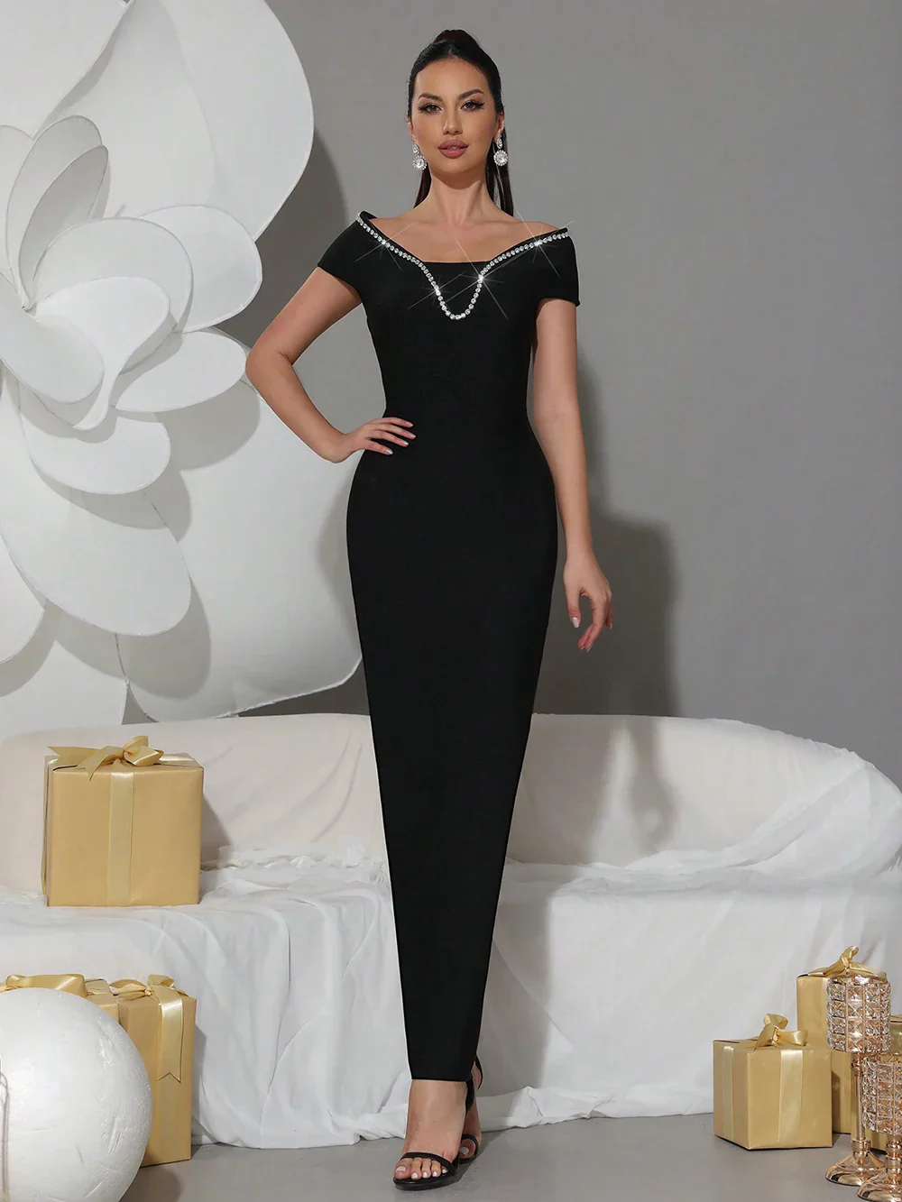 Sexy Off Shoulder Diamond Tight Bandage Maxi Long Dress Women's Short Sleeve Elegant Celebrity Evening Party Gowns - Image 2