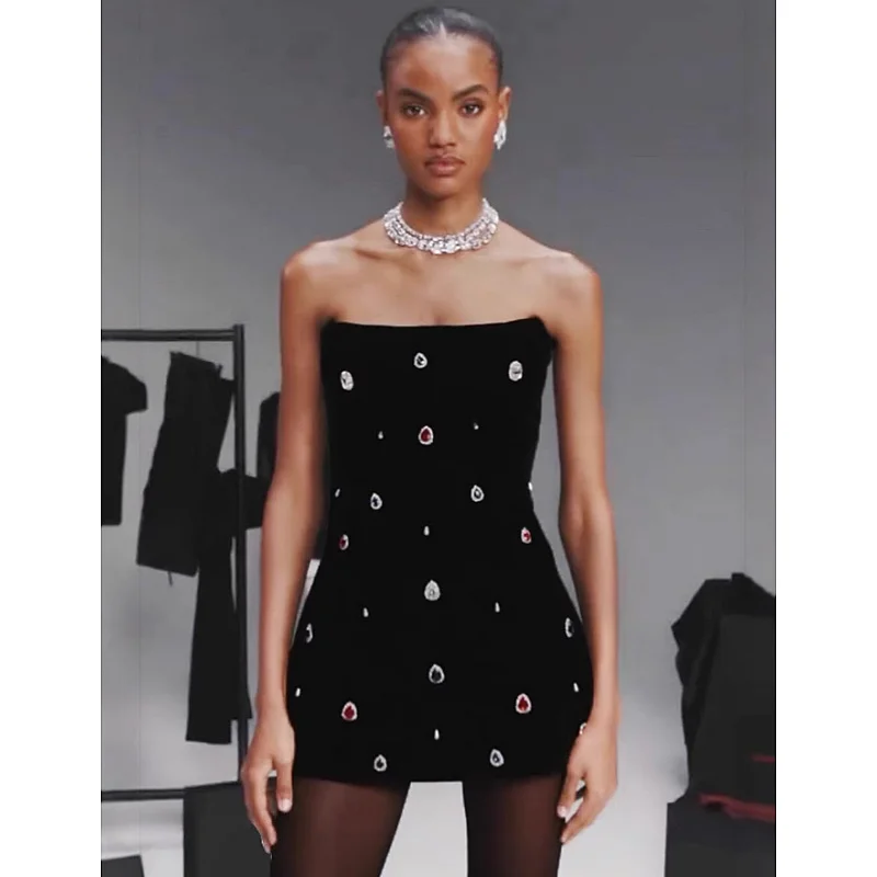 Shining Colorful Diamonds Strapless Black Bandage Mini Dress Fashion Woman Party Vestido Celebrity Birthday Outfit