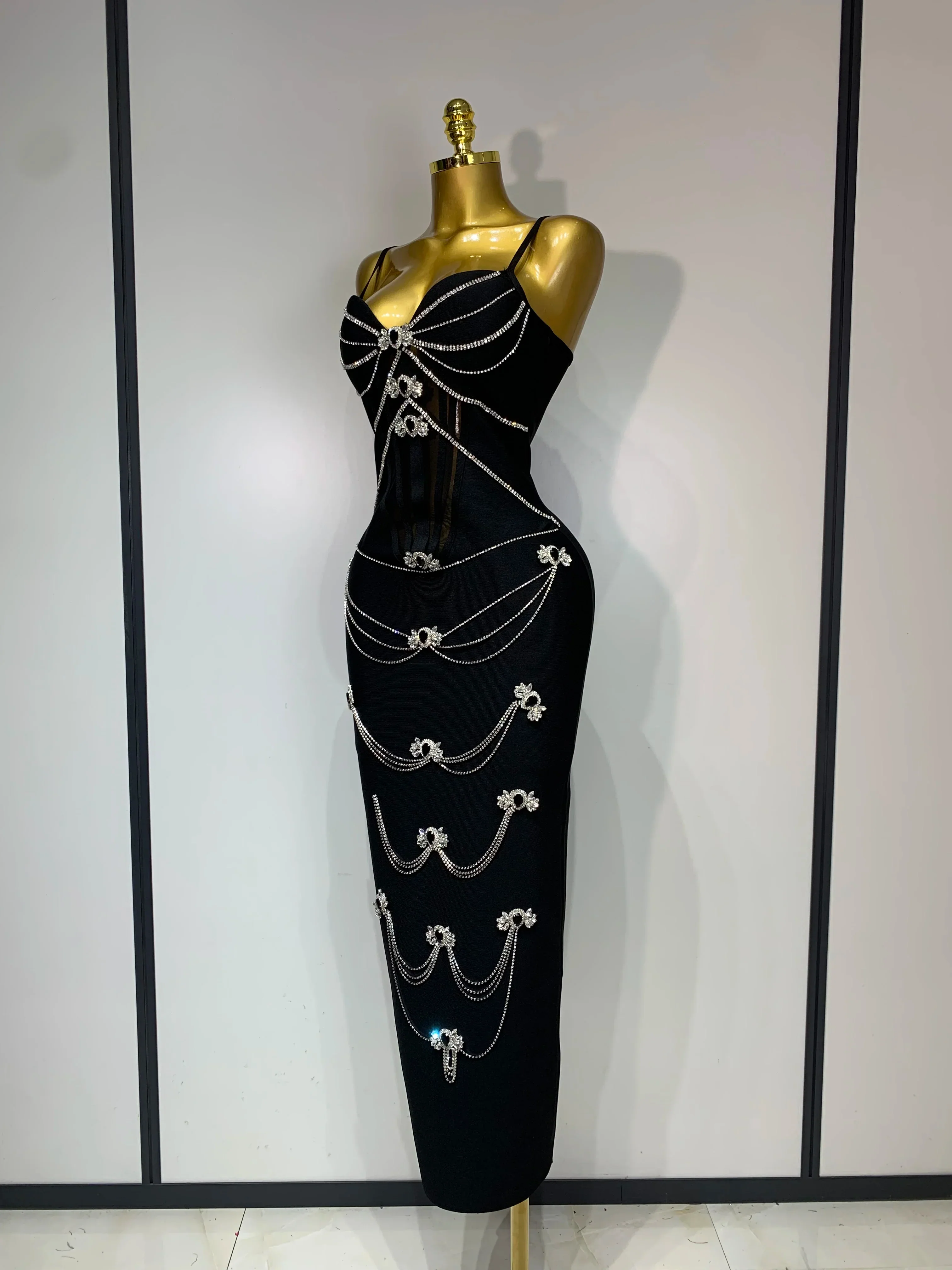New Spaghetti Strap Bodycon Bandage Dress Women Sexy Sparkly Beading Club Evening Party Birthday Dresses Wedding Guest Gown - Image 2