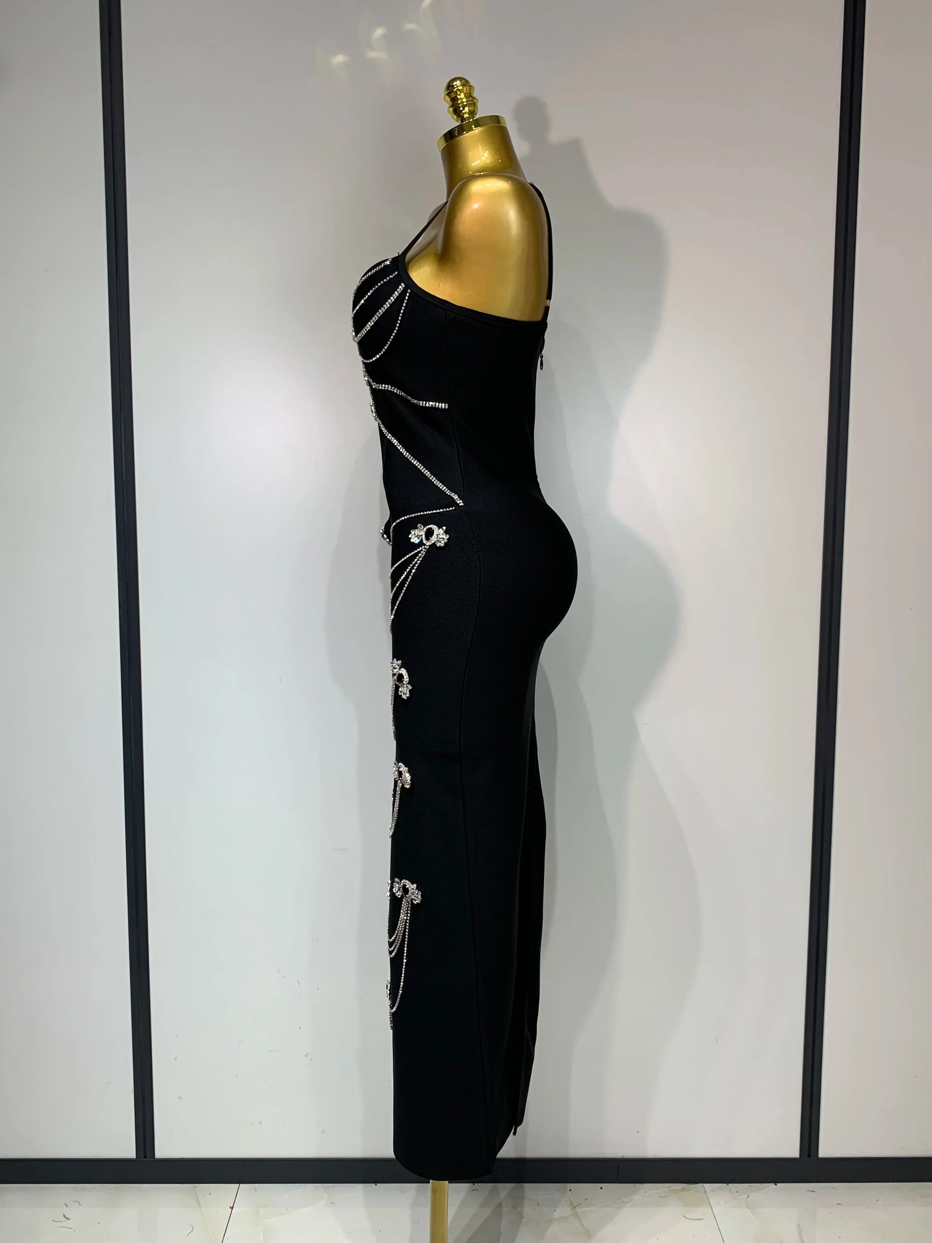 New Spaghetti Strap Bodycon Bandage Dress Women Sexy Sparkly Beading Club Evening Party Birthday Dresses Wedding Guest Gown - Image 3