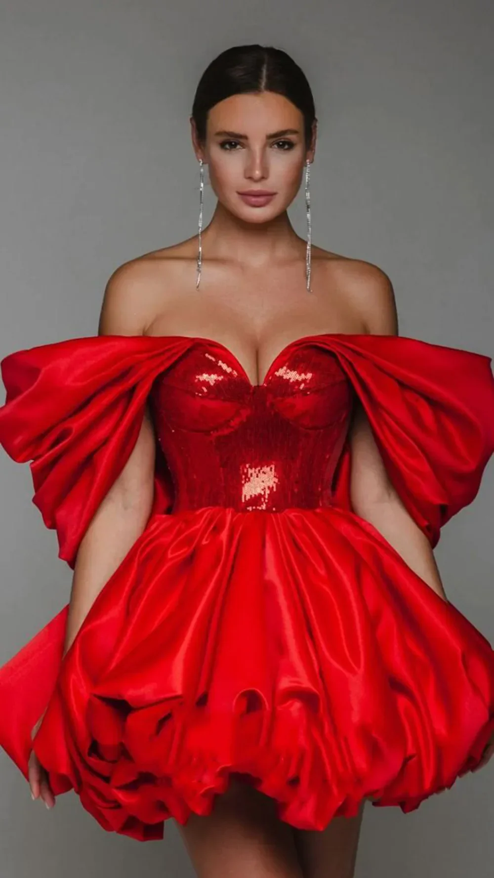 New Spring Red Color Women Sexy Strapless Ball Gowm Mini Shinning Sequins Dress Celebrate Birthday Party Christmas Dress - Image 2
