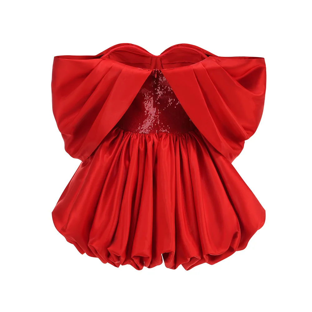 New Spring Red Color Women Sexy Strapless Ball Gowm Mini Shinning Sequins Dress Celebrate Birthday Party Christmas Dress - Image 4