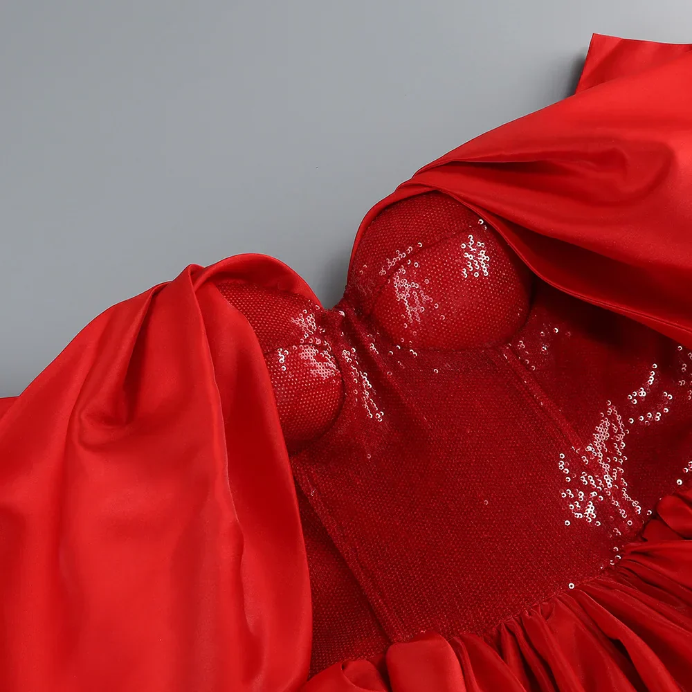 New Spring Red Color Women Sexy Strapless Ball Gowm Mini Shinning Sequins Dress Celebrate Birthday Party Christmas Dress - Image 5
