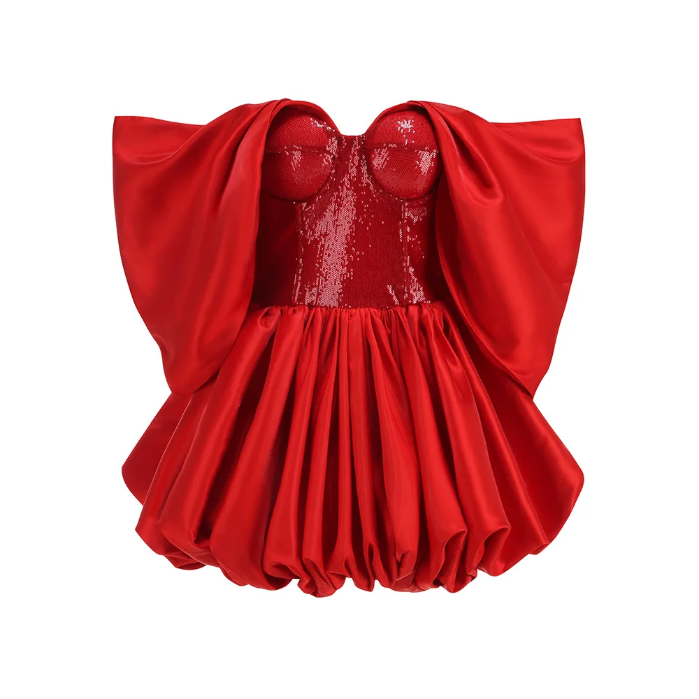 New Spring Red Color Women Sexy Strapless Ball Gowm Mini Shinning Sequins Dress Celebrate Birthday Party Christmas Dress - Image 6