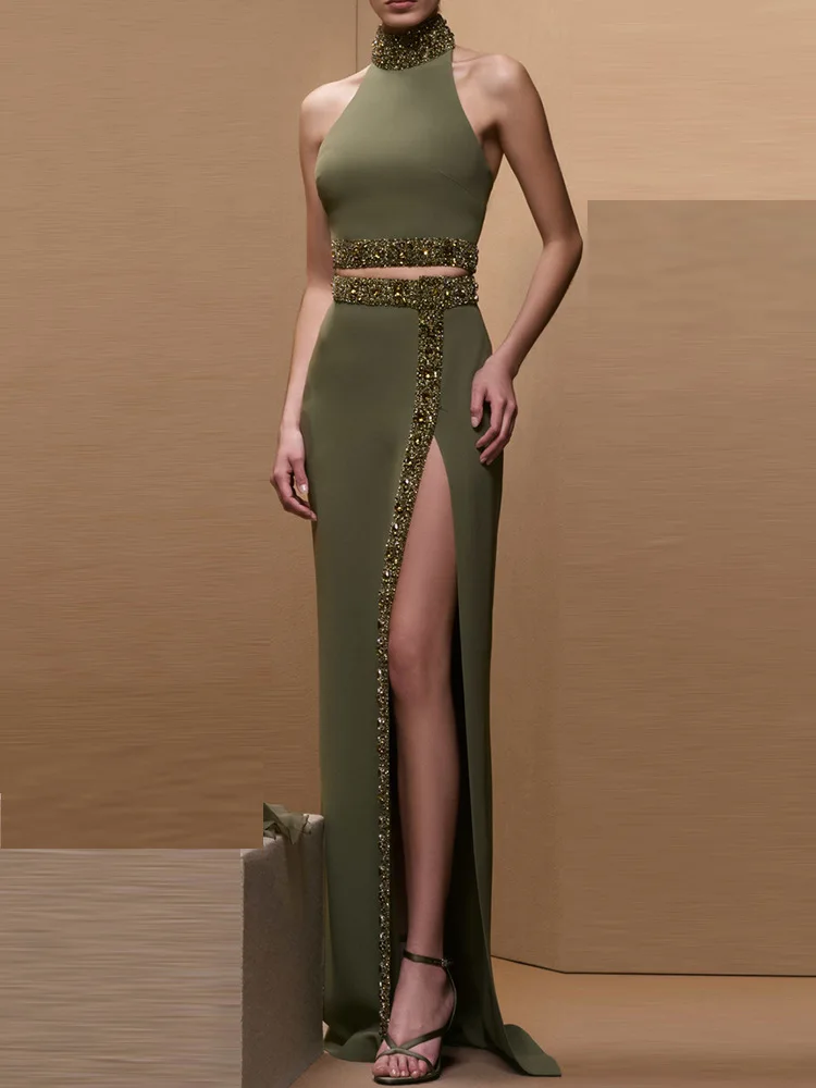 New Spring Women Sexy Beading Tank Tops High Split Bodycon Long Skirts Set Elegant Evening Party Birthday Dress Vestido