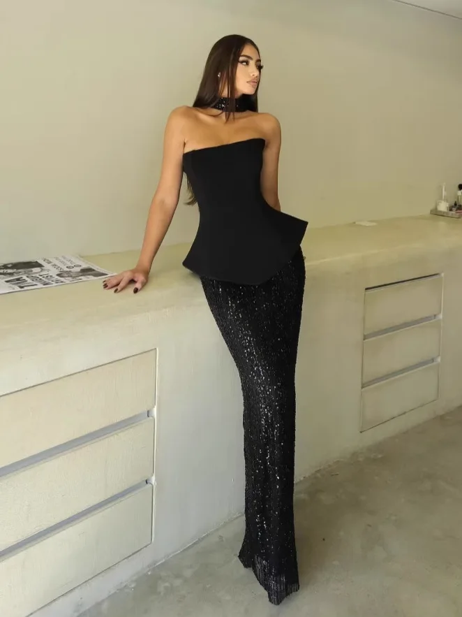Spring Women Sexy Strapless Shinning Sequins Bodycon Long Bandage Dress Celebrity Red Carpet Evening Party Dress - Image 3