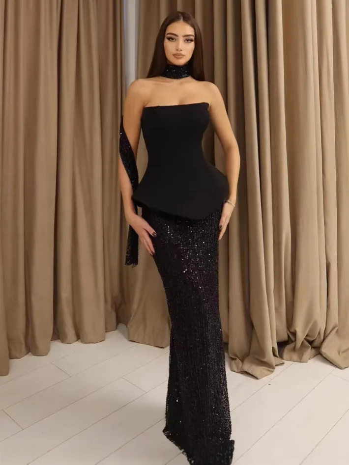 Spring Women Sexy Strapless Shinning Sequins Bodycon Long Bandage Dress Celebrity Red Carpet Evening Party Dress - Image 7