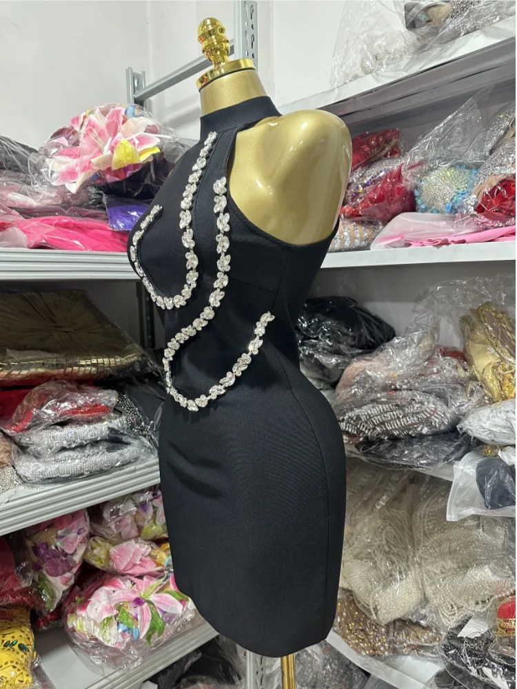Summer Women Sexy Off the Shoulder Shinning Crystal Bodycon Mini Bandage Dress Nightclub Party Celebrate Birthday Wear - Image 2