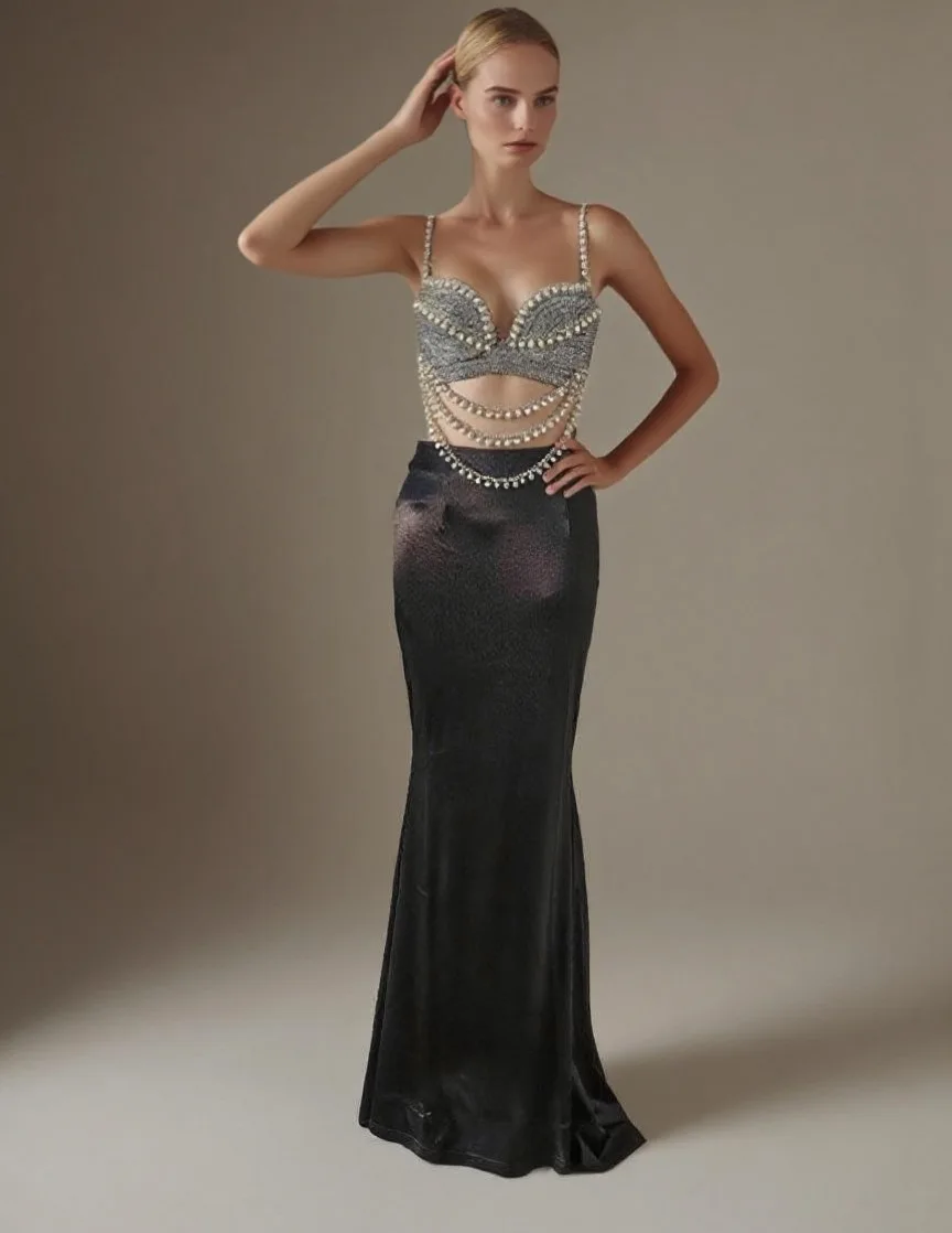 New Summer Women Sexy Shinning Crystal Tops 2 Pieces Bodycon Long Dress Elegant Evening Birthday Party Cocktail Outfit