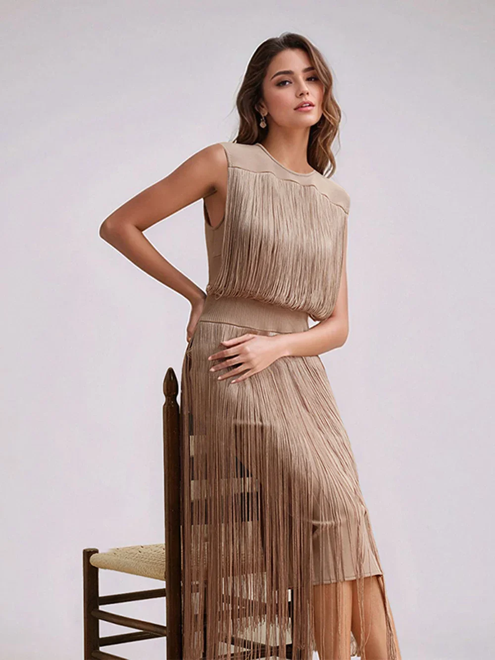 Tassel Patchwork Party Fashion Midi Dress Women Summer Sleeveless Solid High Street Ladies Vestidos - Image 2