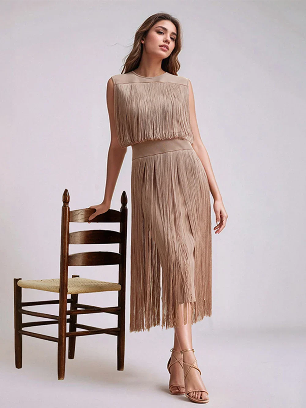 Tassel Patchwork Party Fashion Midi Dress Women Summer Sleeveless Solid High Street Ladies Vestidos - Image 4