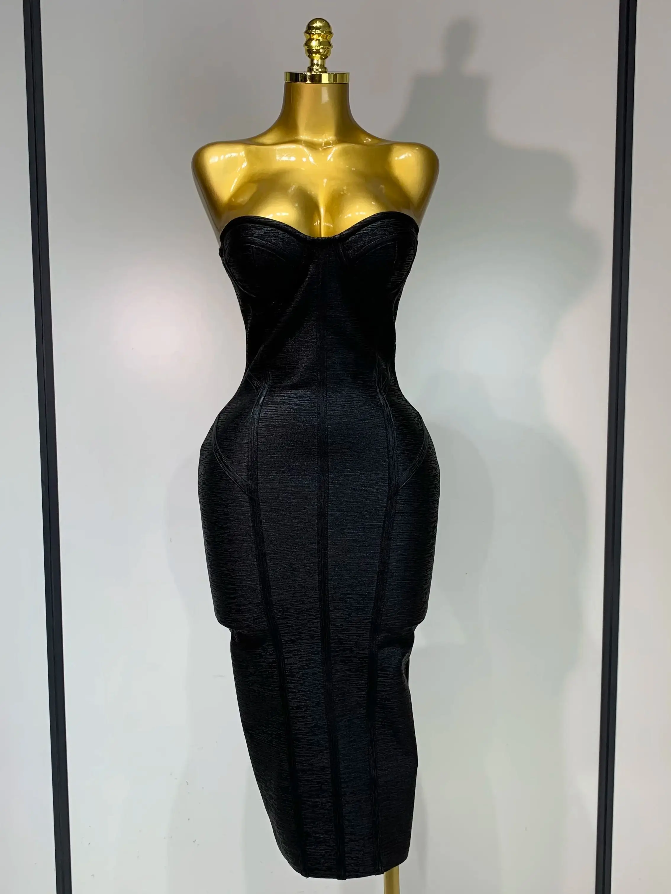 New Women Sexy Strapless Black Foil Color Bodycon Bandage Dress Fashion Celebrate Evening Party Luxury Birthday Dresses