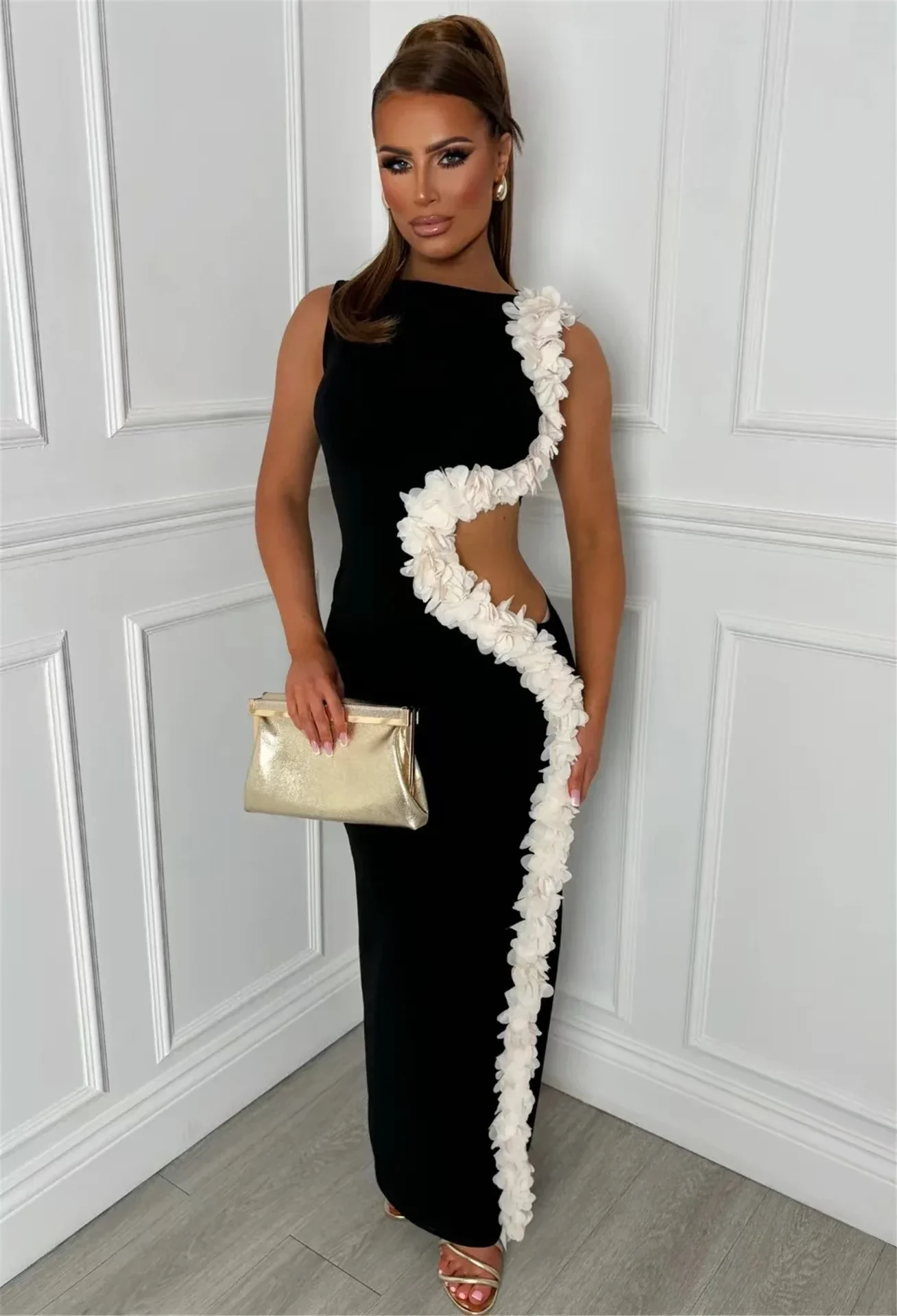 New Women Sleeveless Sexy Side Hollow Out Florals Bodycon Long Bandage Dress Celebrate Fashion Evening Party Cocktail Wear - Image 2