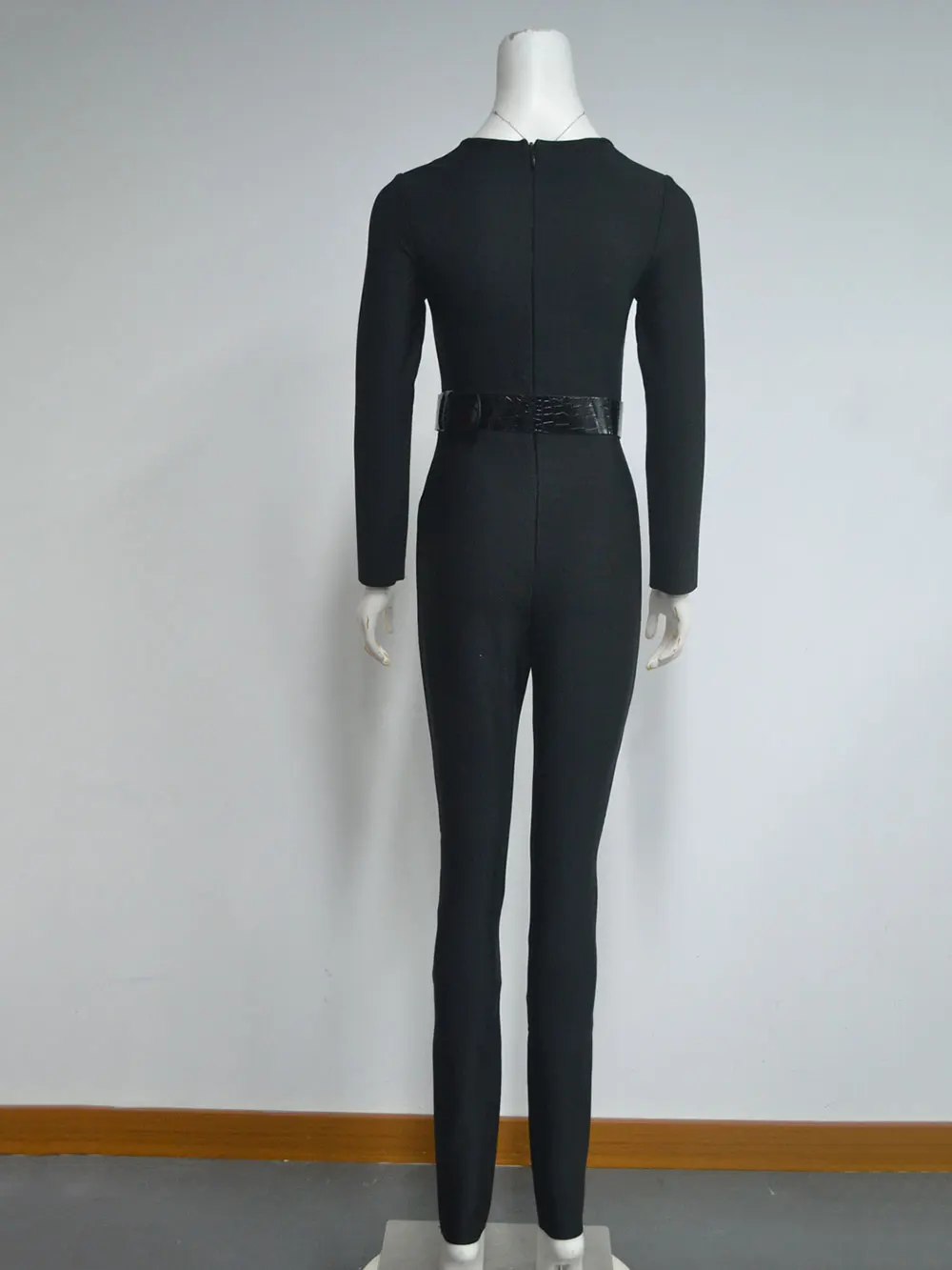 Women'S Bandage Pencil Jumpsuit V-Neck Long Sleeved Tight Black Waistband Design+Jumpsuit Evening Party Jumpsuit - Image 2