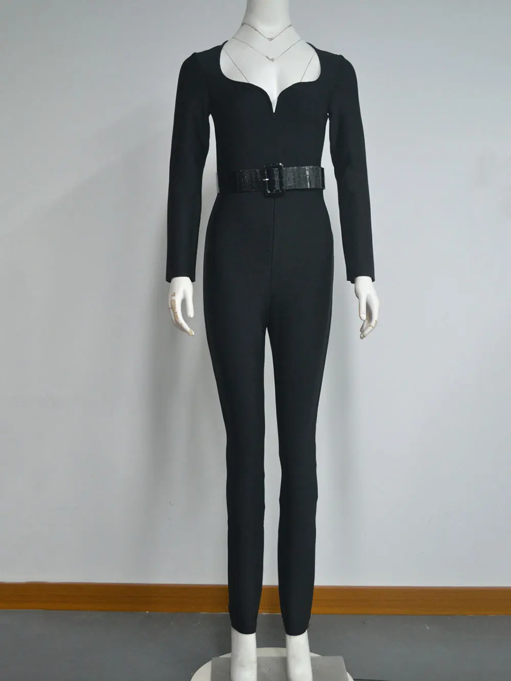 Women'S Bandage Pencil Jumpsuit V-Neck Long Sleeved Tight Black Waistband Design+Jumpsuit Evening Party Jumpsuit - Image 6