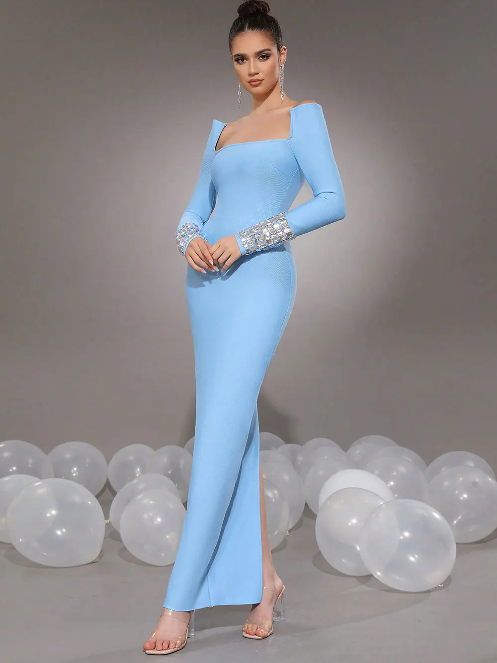 Women'S Elegant Bandage Dresses Square Neck Long Sleeved Nail Bead Design Bodycon Long Dress Evening Party Vestidos - Image 2