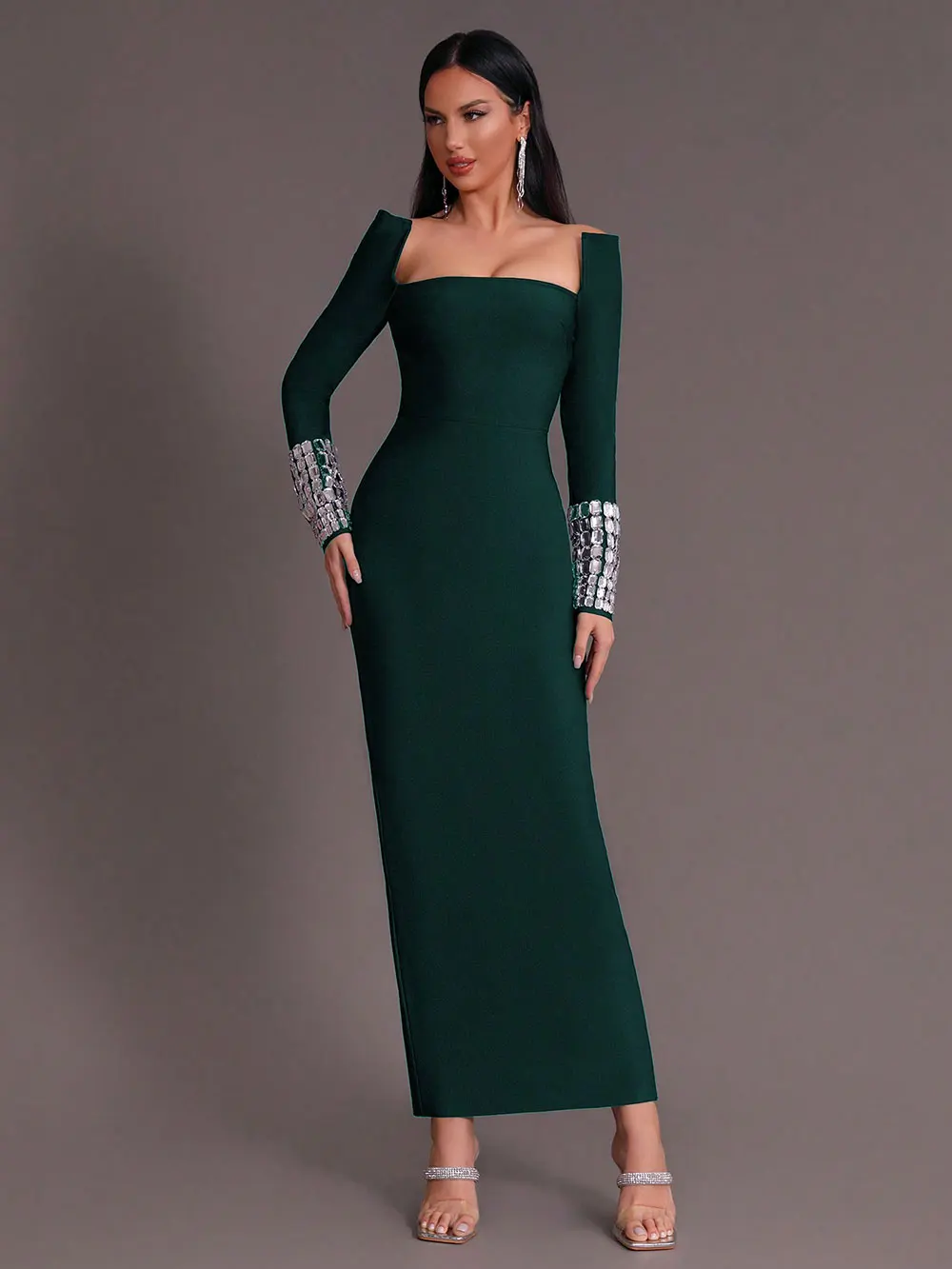 Women'S Elegant Bandage Dresses Square Neck Long Sleeved Nail Bead Design Bodycon Long Dress Evening Party Vestidos - Image 3