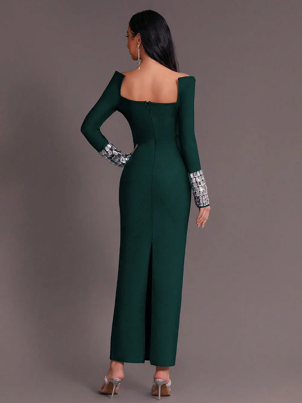 Women'S Elegant Bandage Dresses Square Neck Long Sleeved Nail Bead Design Bodycon Long Dress Evening Party Vestidos - Image 4