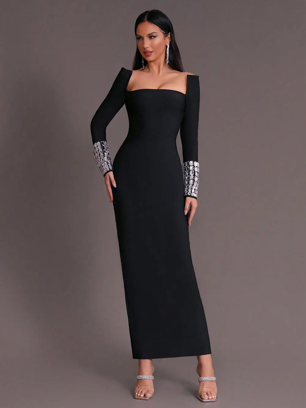 Women'S Elegant Bandage Dresses Square Neck Long Sleeved Nail Bead Design Bodycon Long Dress Evening Party Vestidos - Image 5