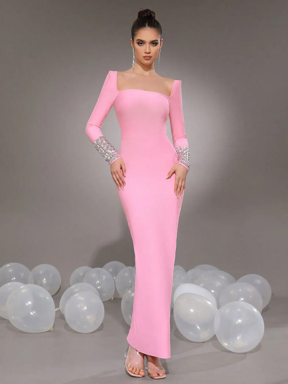 Women'S Elegant Bandage Dresses Square Neck Long Sleeved Nail Bead Design Bodycon Long Dress Evening Party Vestidos - Image 6