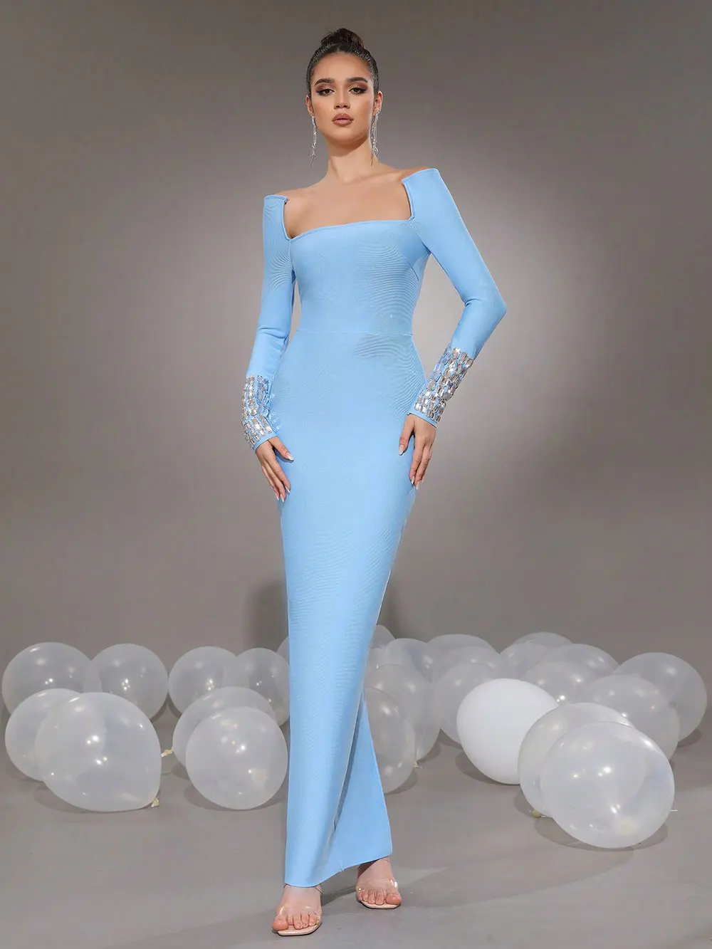 Women'S Elegant Bandage Dresses Square Neck Long Sleeved Nail Bead Design Bodycon Long Dress Evening Party Vestidos - Image 7