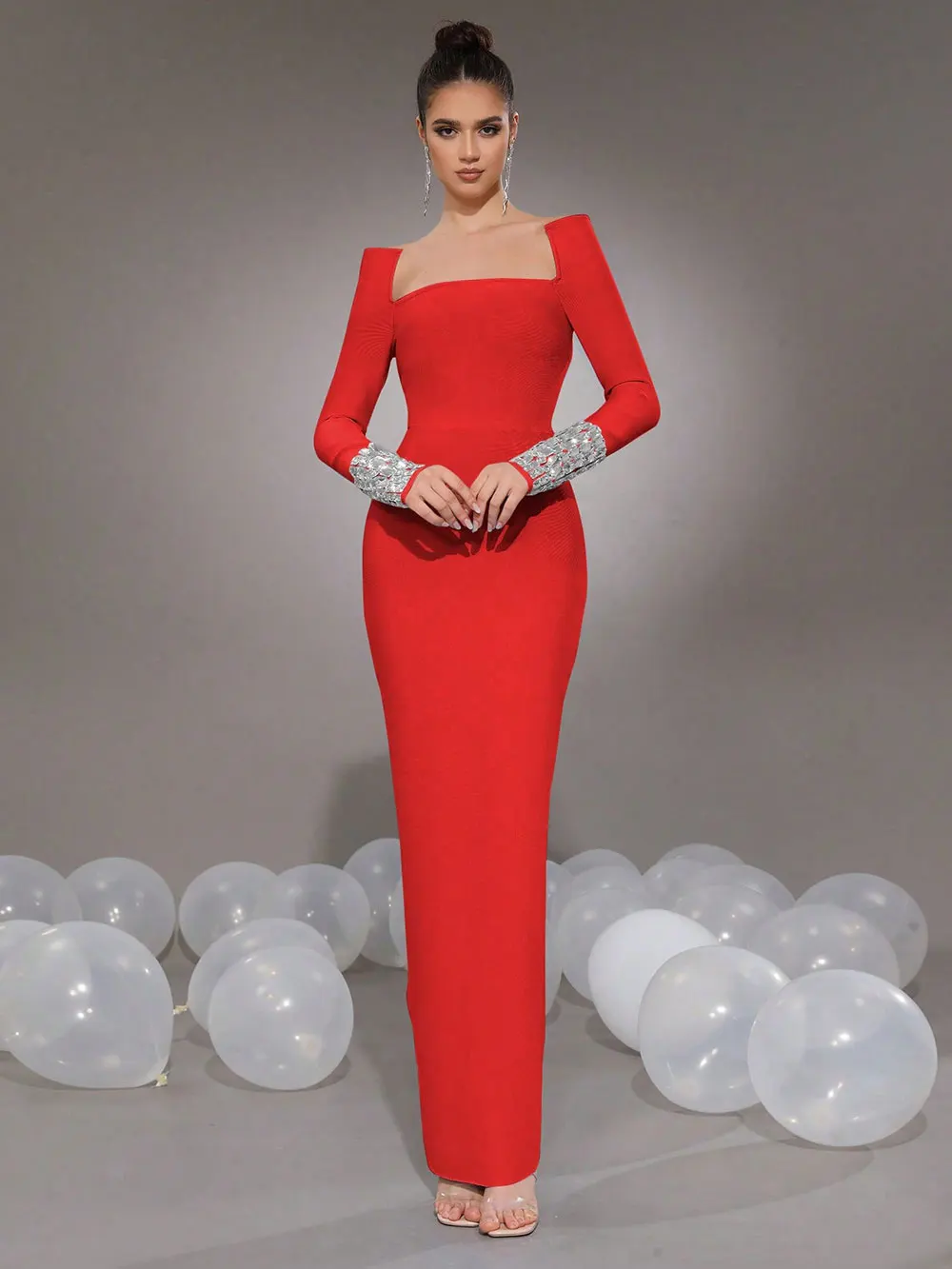 Women'S Elegant Bandage Dresses Square Neck Long Sleeved Nail Bead Design Bodycon Long Dress Evening Party Vestidos - Image 8