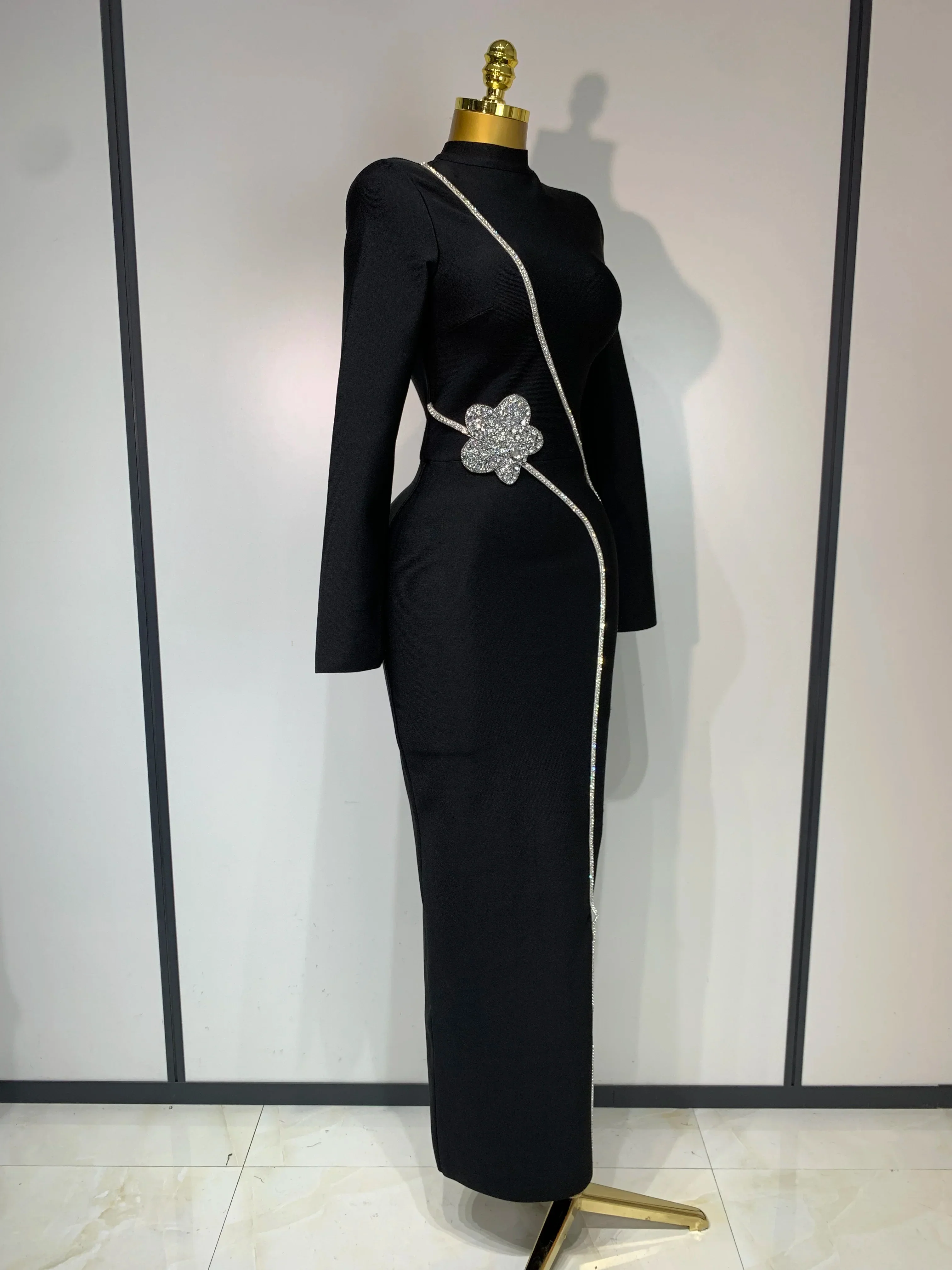 Fashion Designer Party Dress Women's Formal Long Sleeve Diamonds Bodycon Bandage Dress Elegant Luxury Birthday Gown - Image 3