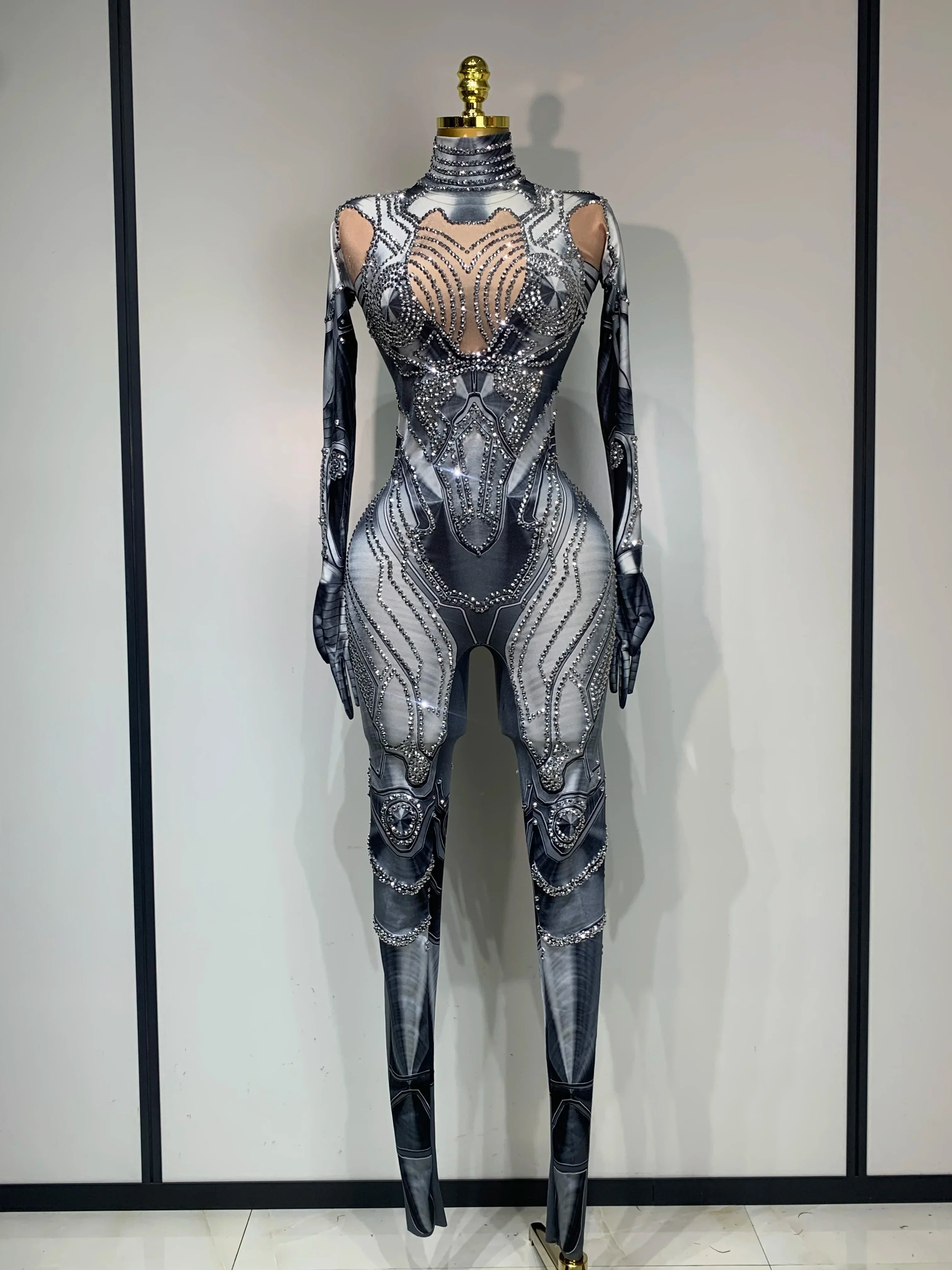 Sexy Stretchy Performance Dance Nightclub Rompers Singer Stage Wear Sparkly Rhinestones Jumpsuit Gloves for Women Costume