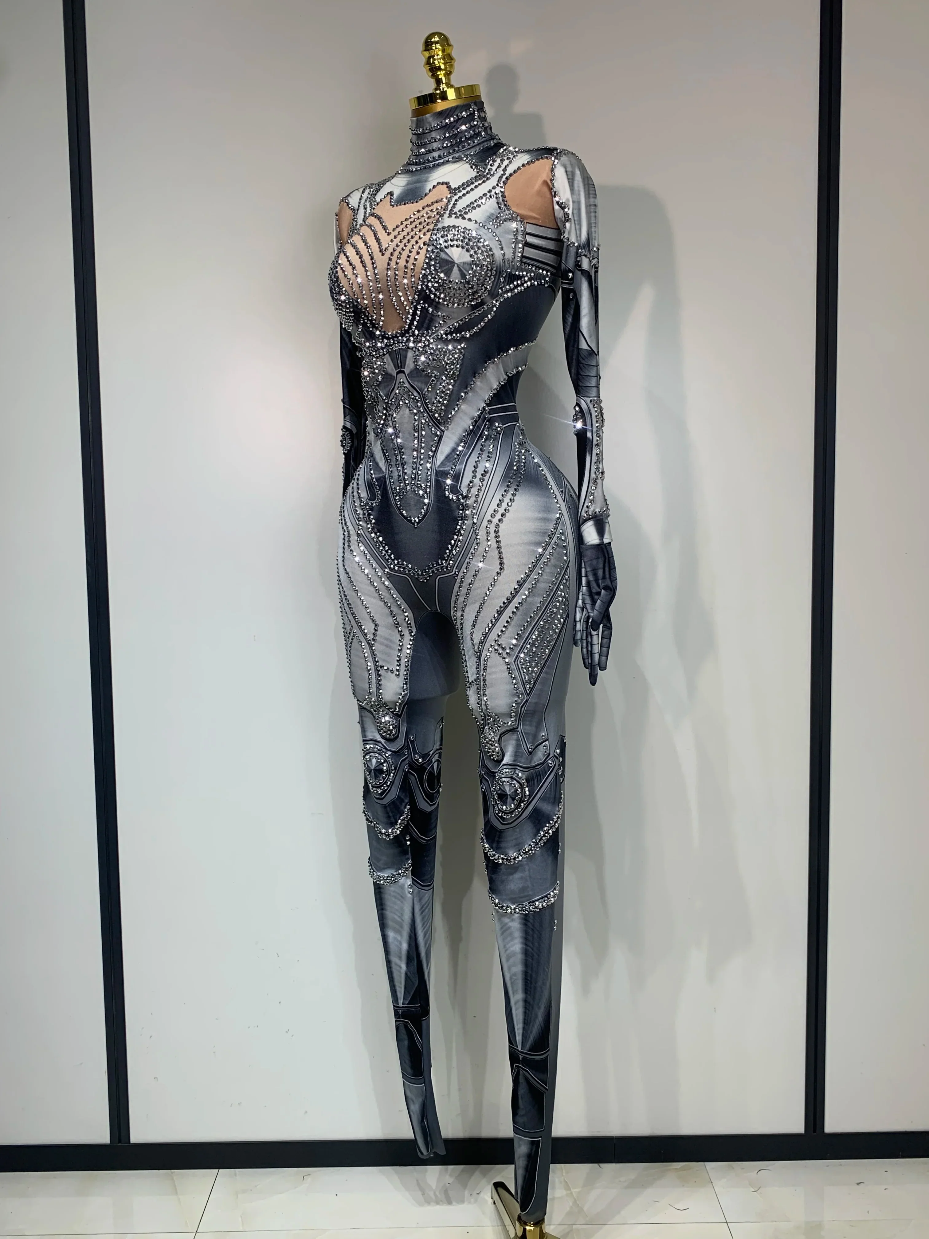 Sexy Stretchy Performance Dance Nightclub Rompers Singer Stage Wear Sparkly Rhinestones Jumpsuit Gloves for Women Costume - Image 2