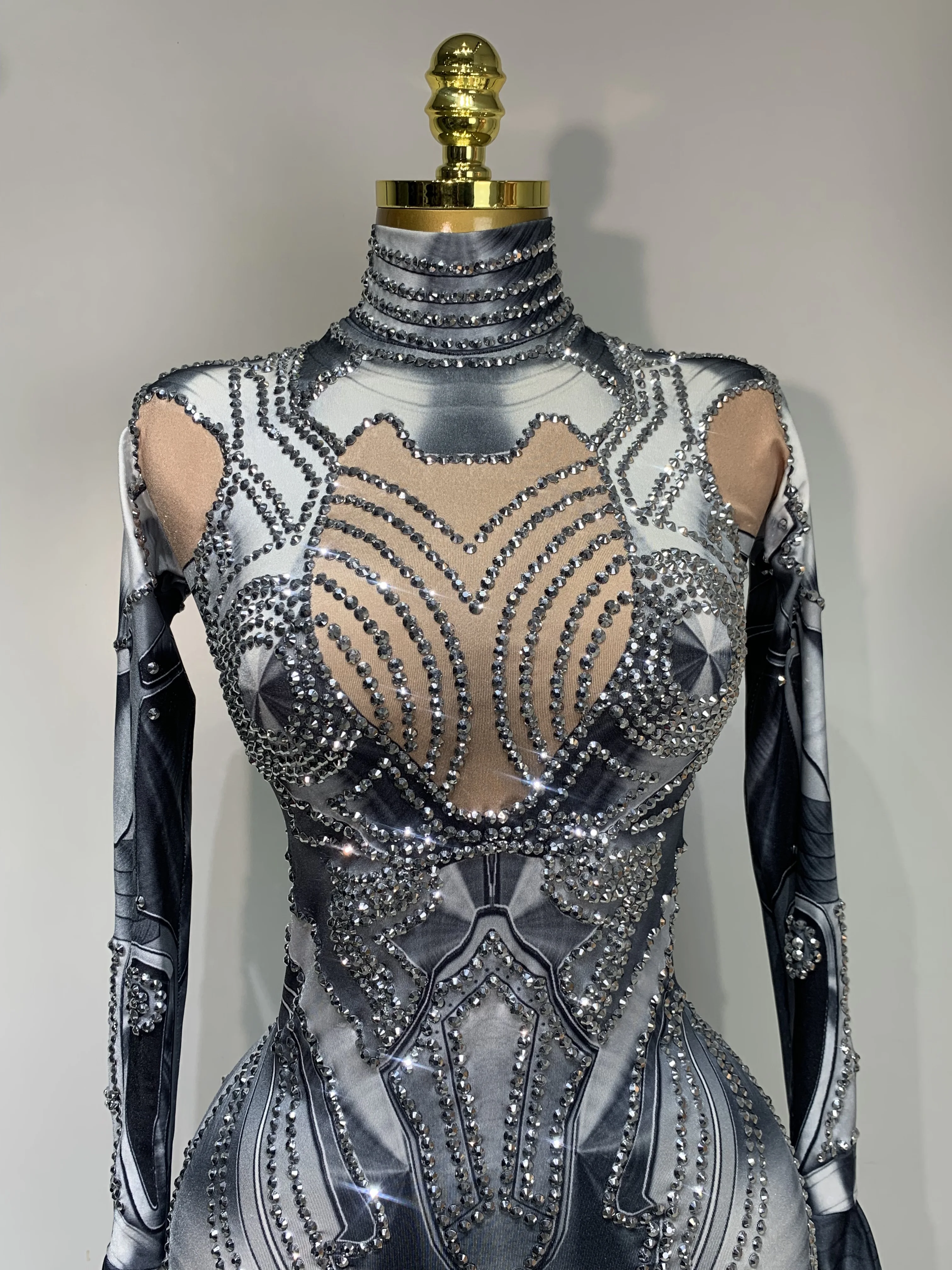 Sexy Stretchy Performance Dance Nightclub Rompers Singer Stage Wear Sparkly Rhinestones Jumpsuit Gloves for Women Costume - Image 5