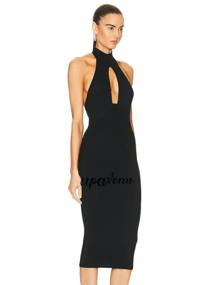 Sexy Women Hanging Neck Sleeveless Bandage Dress Bodycon Off Back Knee Black Dress Celebrity Cocktail Evening Party Vestido - Image 2