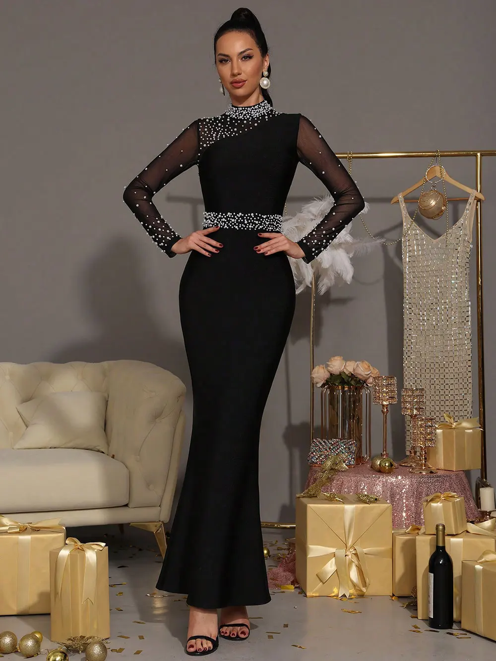 Sexy Women Light Luxury Nail Bead Patchwork Bandage Dress Stand Collar Long Sleeved Bodycon Black Long Dress Party Vestidos - Image 2