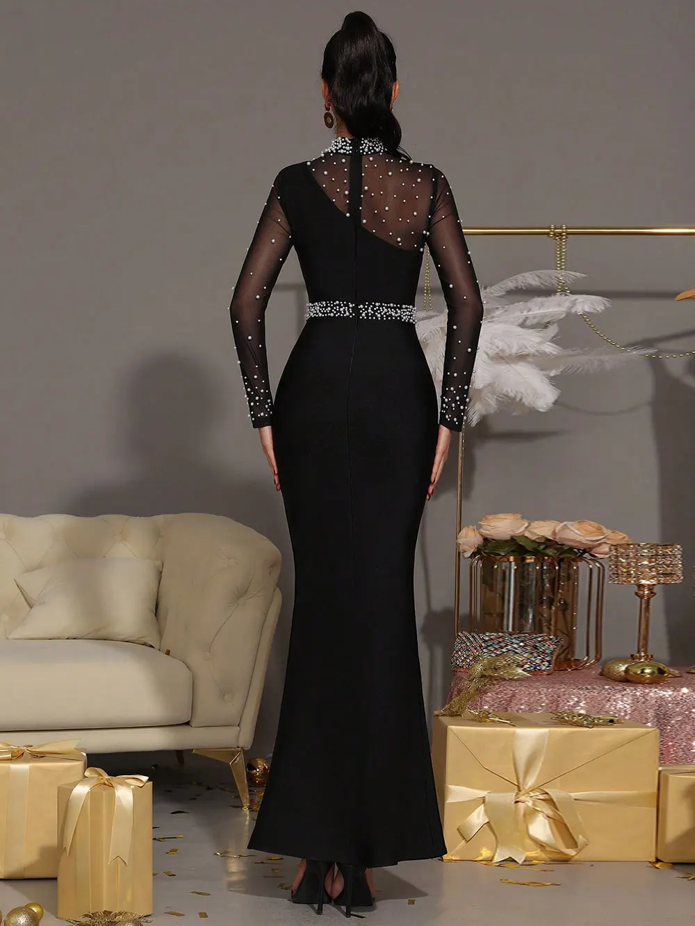 Sexy Women Light Luxury Nail Bead Patchwork Bandage Dress Stand Collar Long Sleeved Bodycon Black Long Dress Party Vestidos - Image 4