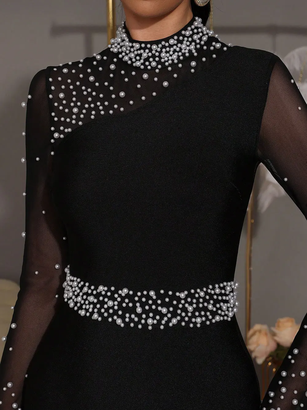 Sexy Women Light Luxury Nail Bead Patchwork Bandage Dress Stand Collar Long Sleeved Bodycon Black Long Dress Party Vestidos - Image 5