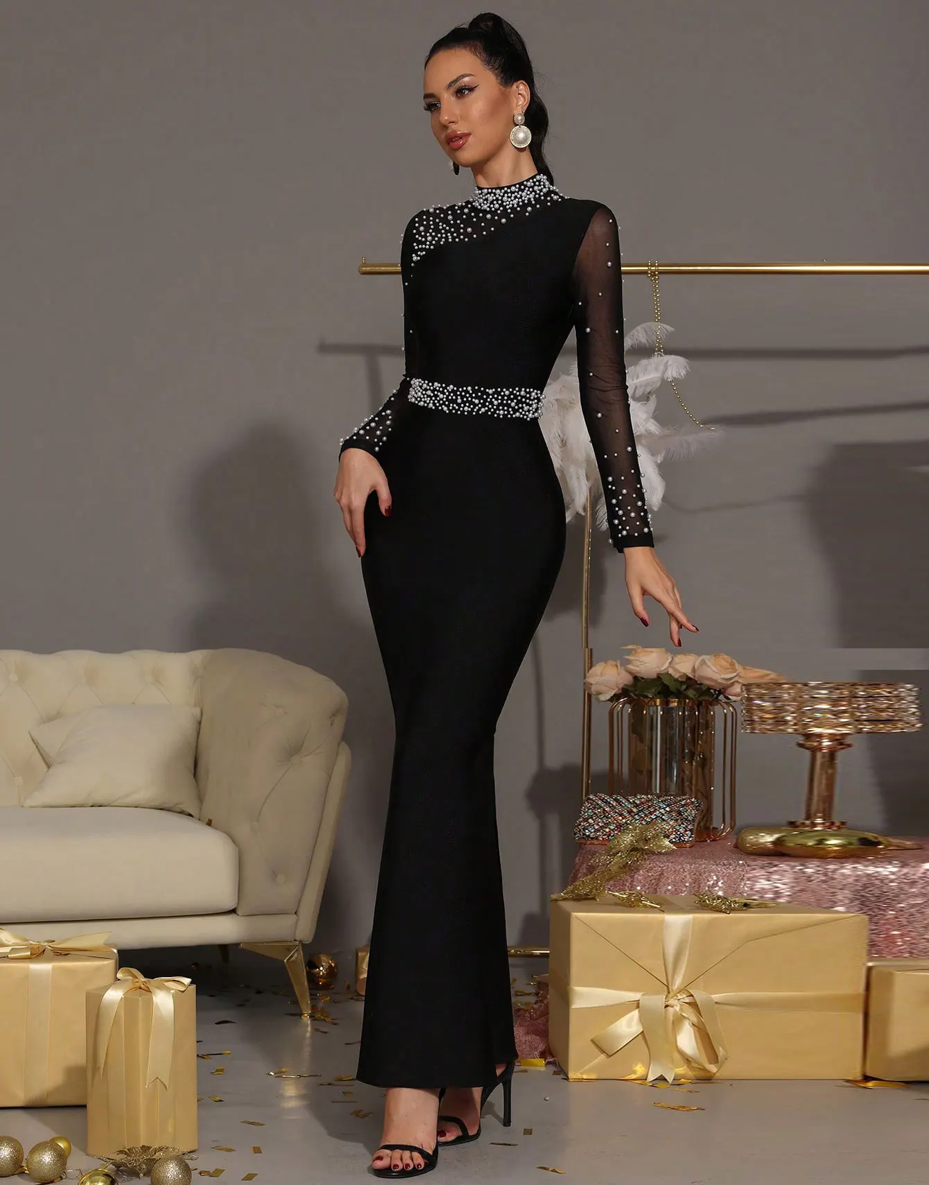 Sexy Women Light Luxury Nail Bead Patchwork Bandage Dress Stand Collar Long Sleeved Bodycon Black Long Dress Party Vestidos - Image 6
