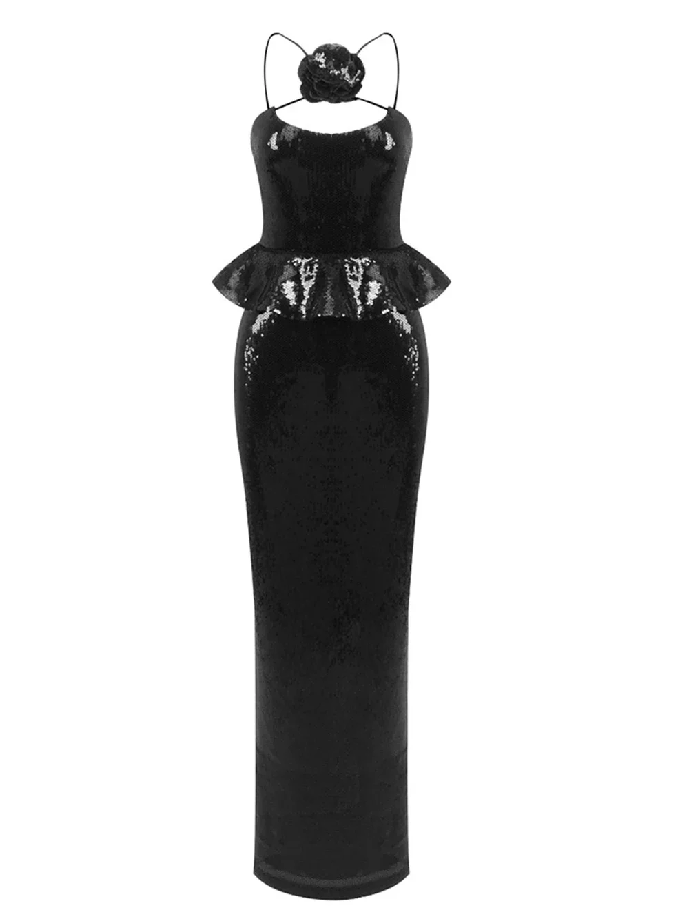 Sexy Women Sequined Long Dress Spaghetti Strap Sleeveless Three-Dimensional Flower Decoration Backless Dress Party Vestidos - Image 4