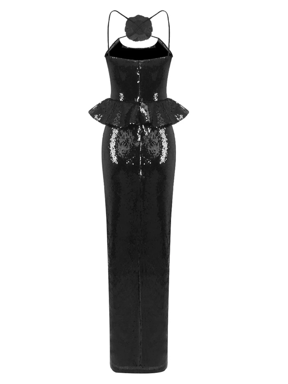 Sexy Women Sequined Long Dress Spaghetti Strap Sleeveless Three-Dimensional Flower Decoration Backless Dress Party Vestidos - Image 5