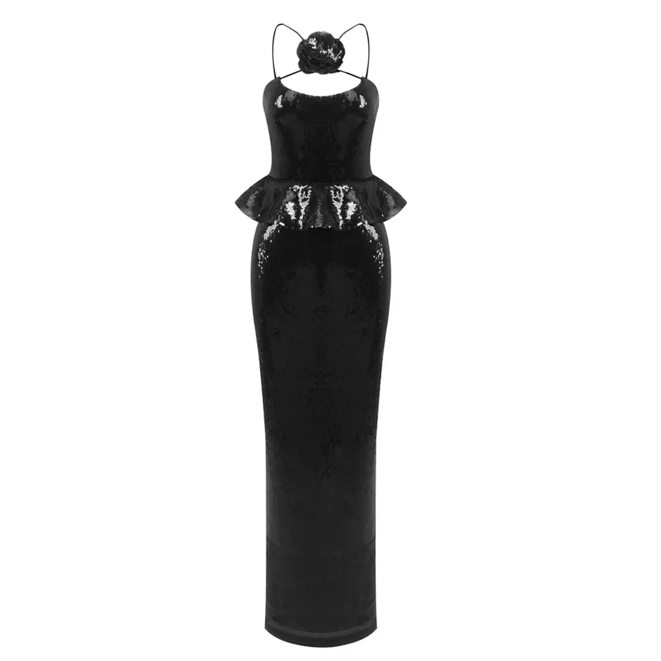 Sexy Women Sequined Long Dress Spaghetti Strap Sleeveless Three-Dimensional Flower Decoration Backless Dress Party Vestidos - Image 7