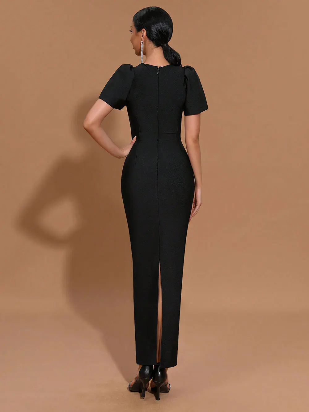 Sexy Women Three-Dimensional Heart-Shaped Design Hollow Bandage Dress O-Neck Short Sleeved Bodycon Black Long Dress Vestido - Image 5